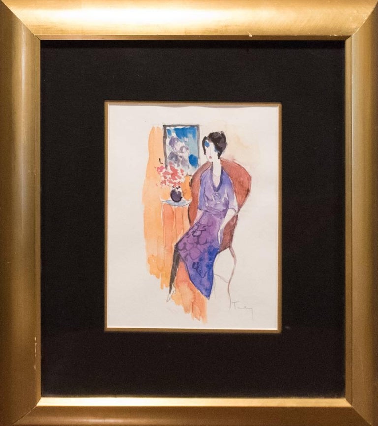 Itzchak Tarkay Tarkay Original Watercolor Lady in the Red Chair For