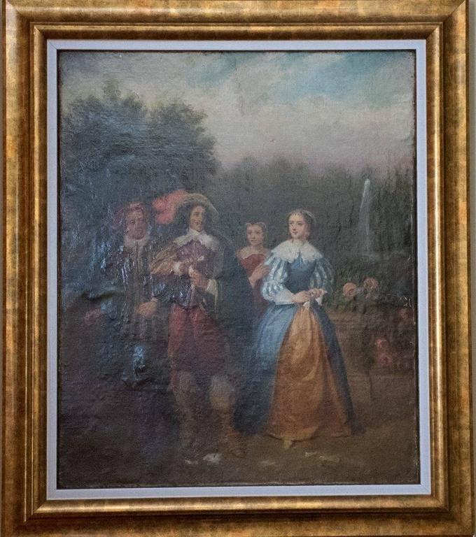 18th Century Rococo French Oil Painting Entitled In The Garden