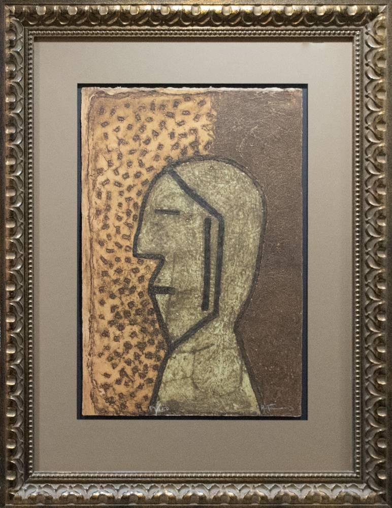 Rufino Tamayo original “Perfil” Mixograph in colors created in 1977 on handmade paper  hand signed in lower right by artist  numbered 59/100 in lower center  Painting retains gallery and framing information to backing (notes archival framing)