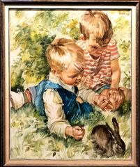 Charles Roka Original Oil Painting of Children With Rabbit