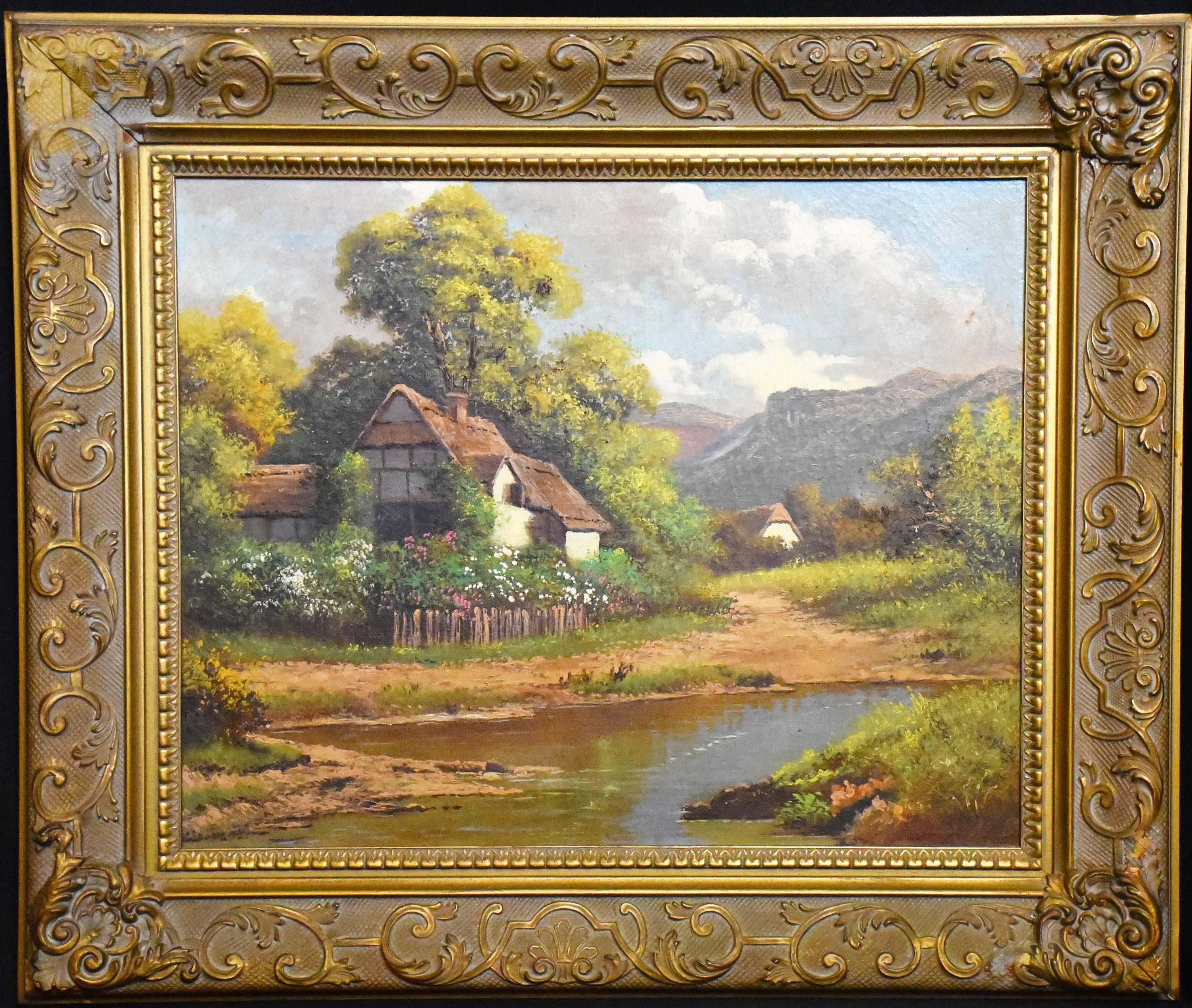 H. Voss Landscape Painting - German Landscape Oil Painting by Karl Leopold Voss, Cottage by the River