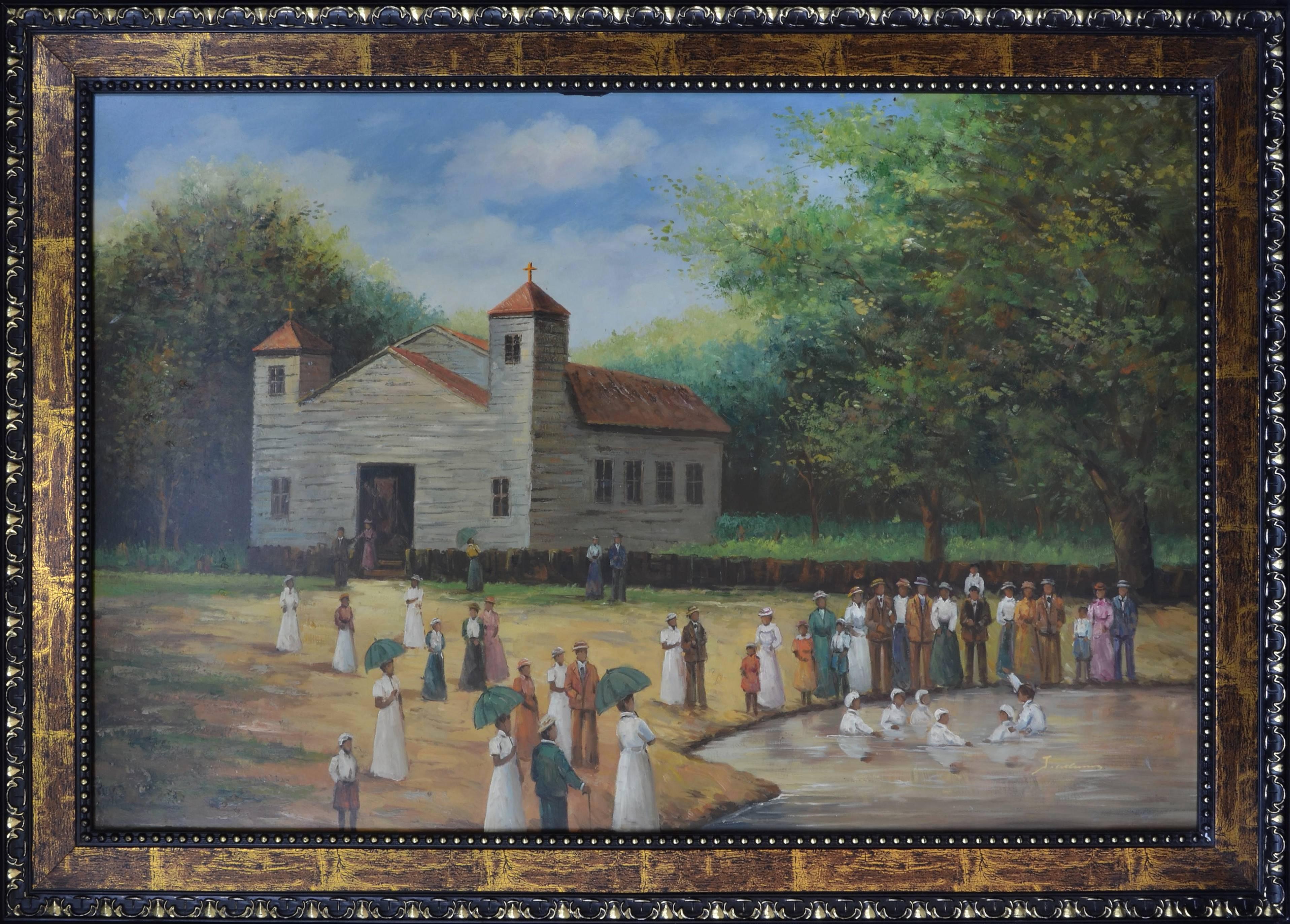 Nicholas Edward Gabe Landscape Painting - VINTAGE ORIGINAL OIL OF SOUTHERN BAPTISM