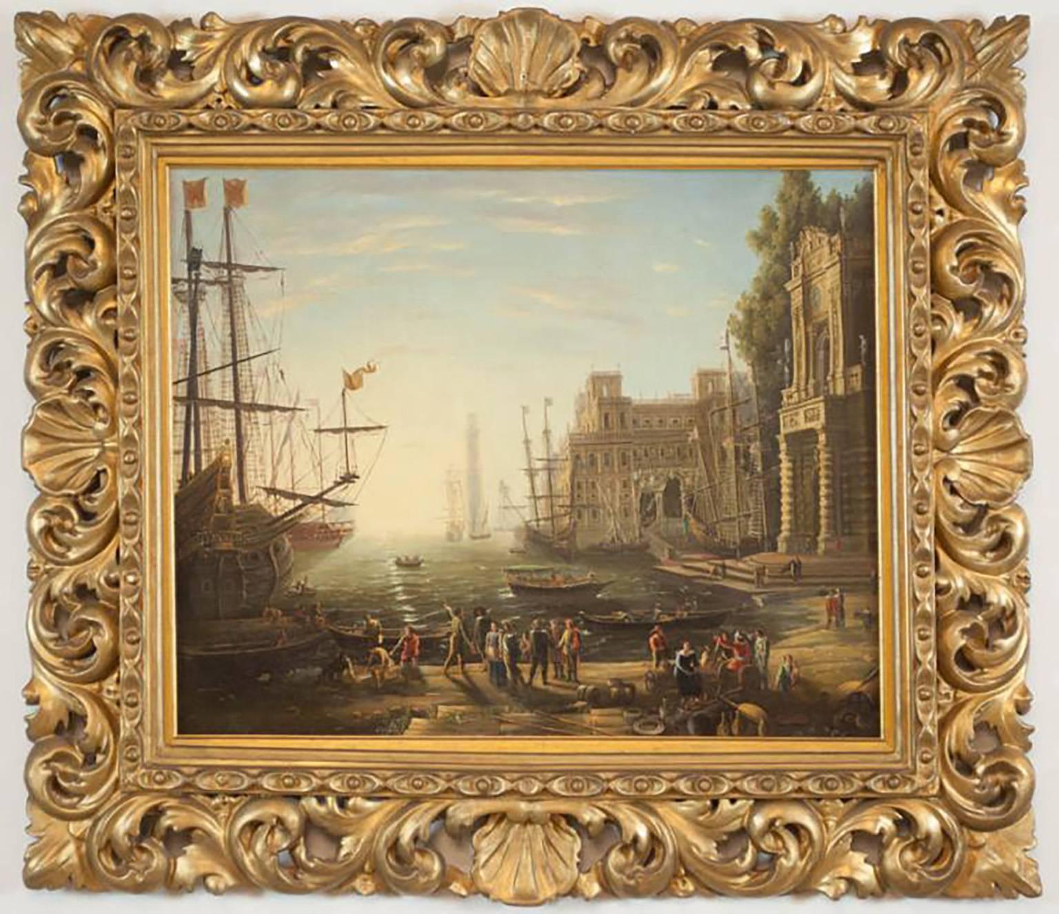 Unknown Landscape Painting - 18th Century European Harbor Oil Painting After Claude Lorrain