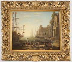 18th Century European Harbor Oil Painting After Claude Lorrain