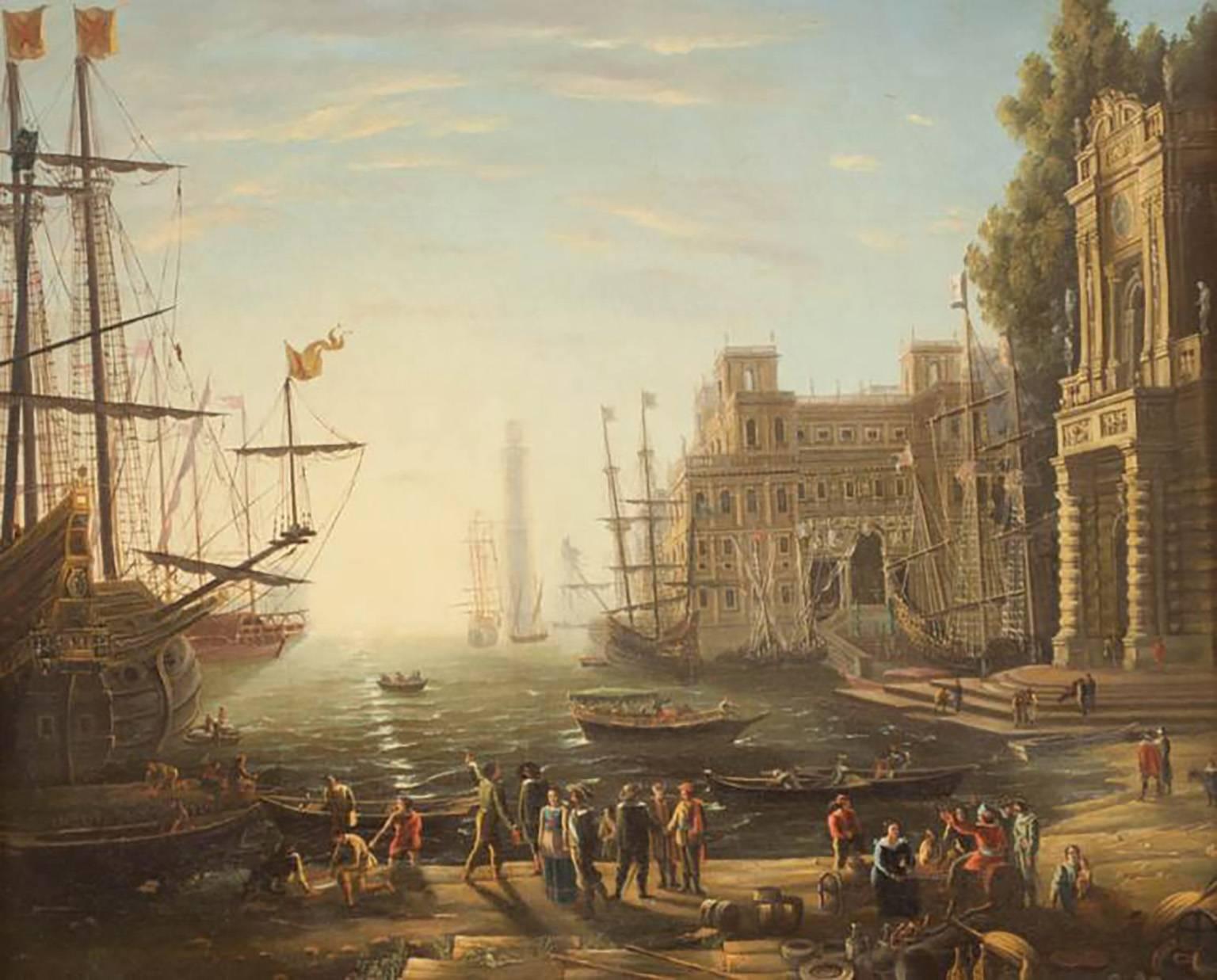 18th Century European Harbor Oil Painting After Claude Lorrain - Brown Landscape Painting by Unknown
