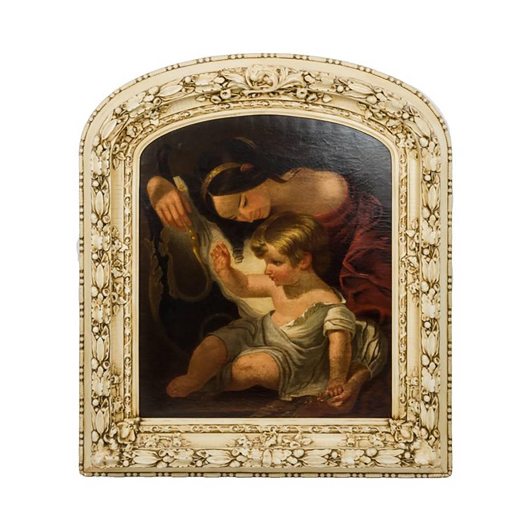 Large 19th Century original oil painting by George Wellington Waters (American, 1832-1912). The beautiful painting depicts a woman caring for a young child  There is an original paper label on the verso from Water’s studio in Elmira, New York 