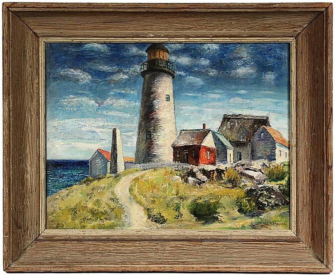 Outstanding Oil Painting by well listed American artist Samuel Brecher (active NY, 1897-1982)  Oil on Canvas  Titled – ‘Pemaquid Lighthouse E Boothbay, ME’  Signed lower right ‘S. Brecher’  Housed in a very nice custom chestnut distressed frame 