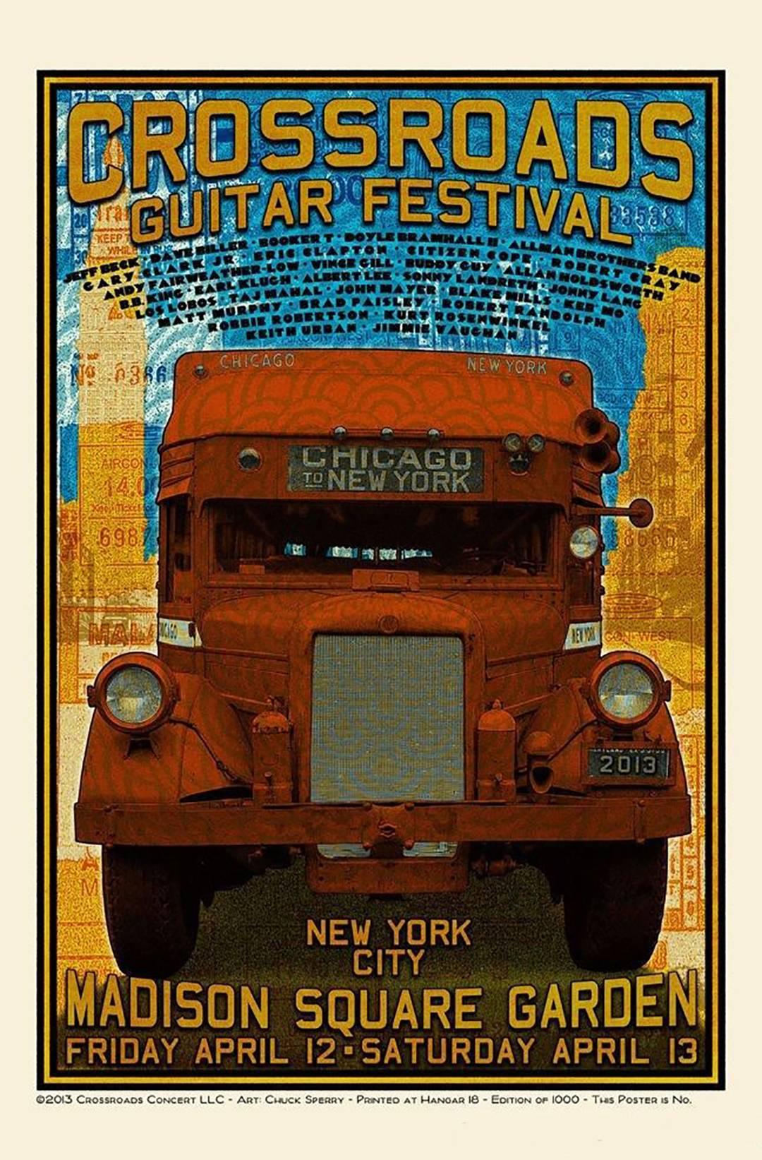 Very rare original limited edition official concert poster  2013 Crossroads Guitar Festival  1st edition hand numbered x/1000  Hand Signed and Numbered by the Artist – Chuck Sperry  Date: 2013  Measures 22″ x 32″  Excellent Mint Condition.

Title: