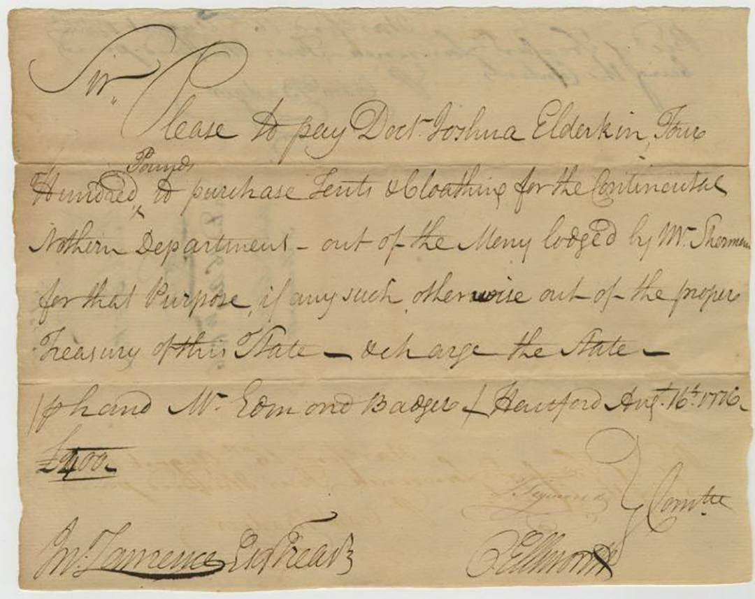 Revolutionary War Document Signed by Oliver Ellsworth (1745 – 1807) Six Weeks After Declaration of Independence Regarding Continental Army Equipment Purchases  Oliver Ellsworth would become the future Chief Justice of the new Supreme Court of the