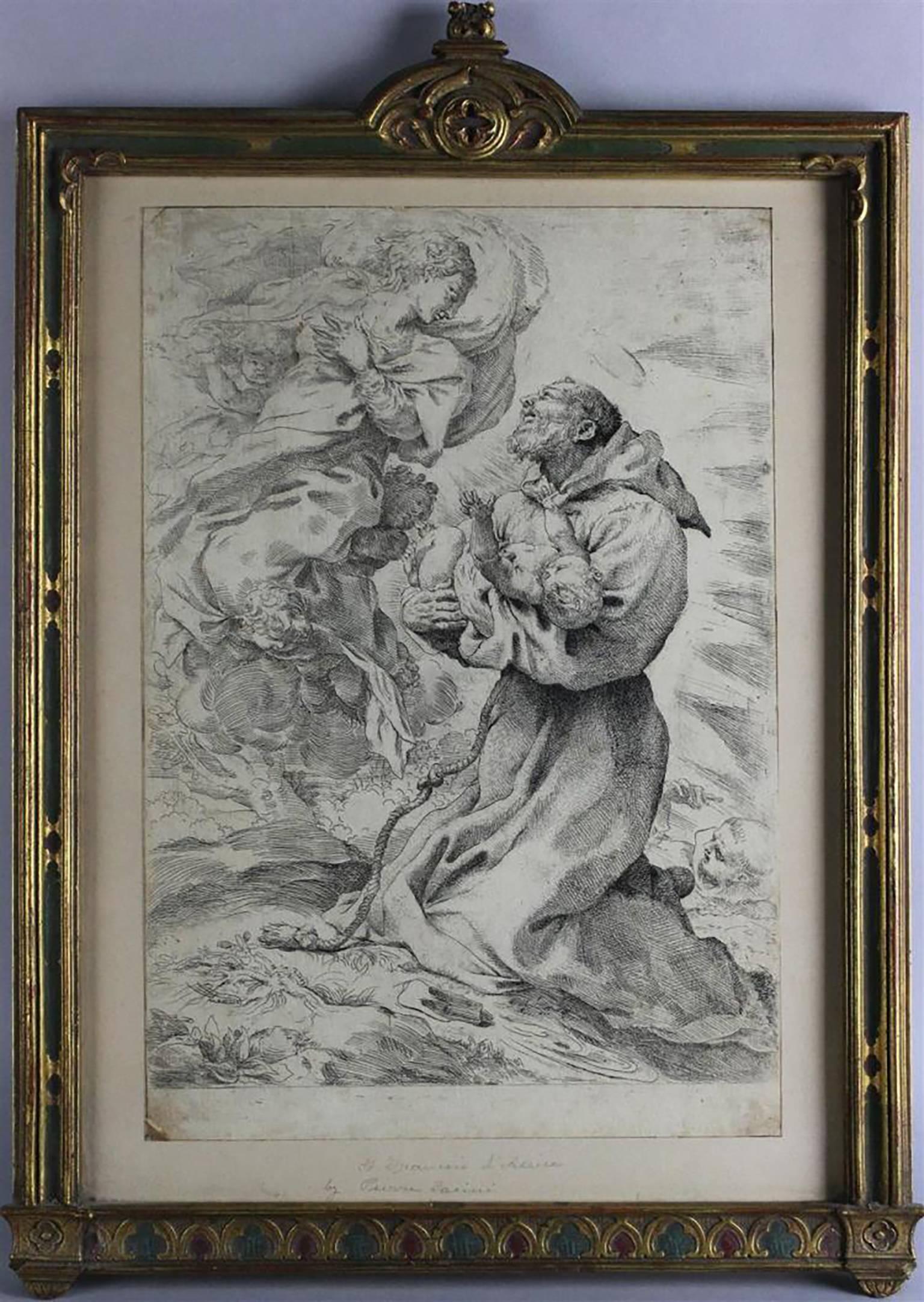 PIETRO FACCINI (Bologne, Italy 1562-1602) Copper Plate Etching, Entitled VISION OF ST. FRANCIS engraved by Faccini himself in 1590. The etching’s Image measures 14 x 9.5; with Frame 16 x 10.5. The Etching is believed to have been created by Faccini