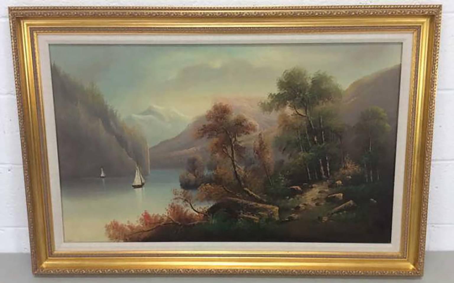Unknown Landscape Painting - Riverscape Oil Painting Entitled Serene Sailing