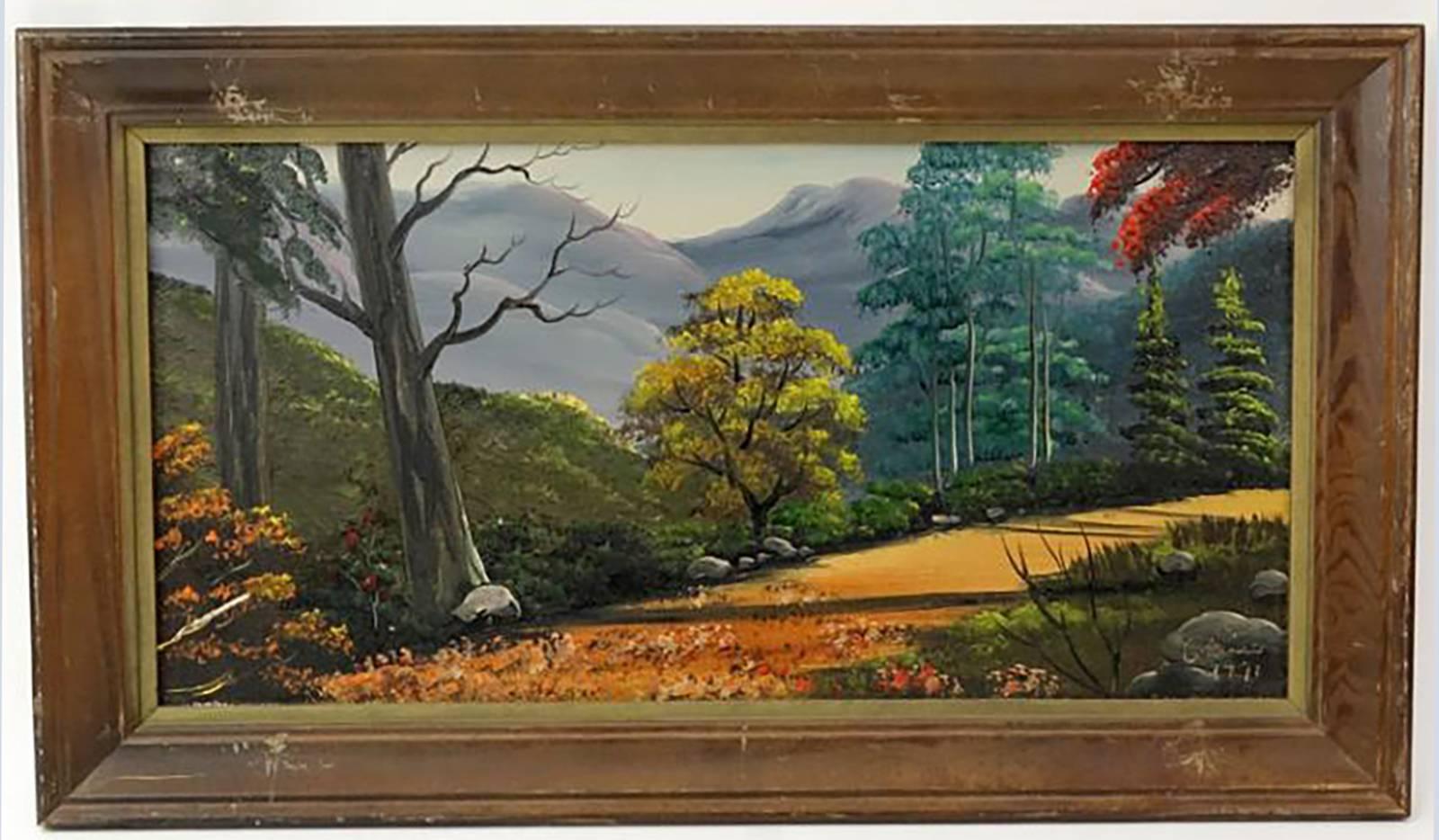 Landschaftsölgemälde der beliebten Tennessee „Outsider“-Künstlerin Iva Prince Oil on Board mit dem Titel „Motor Nature Trail“ Signiert und datiert Prince 1971:: betitelt und beschriftet en verso Measures with frame 16″ x 27.75″. 

Über den Künstler: