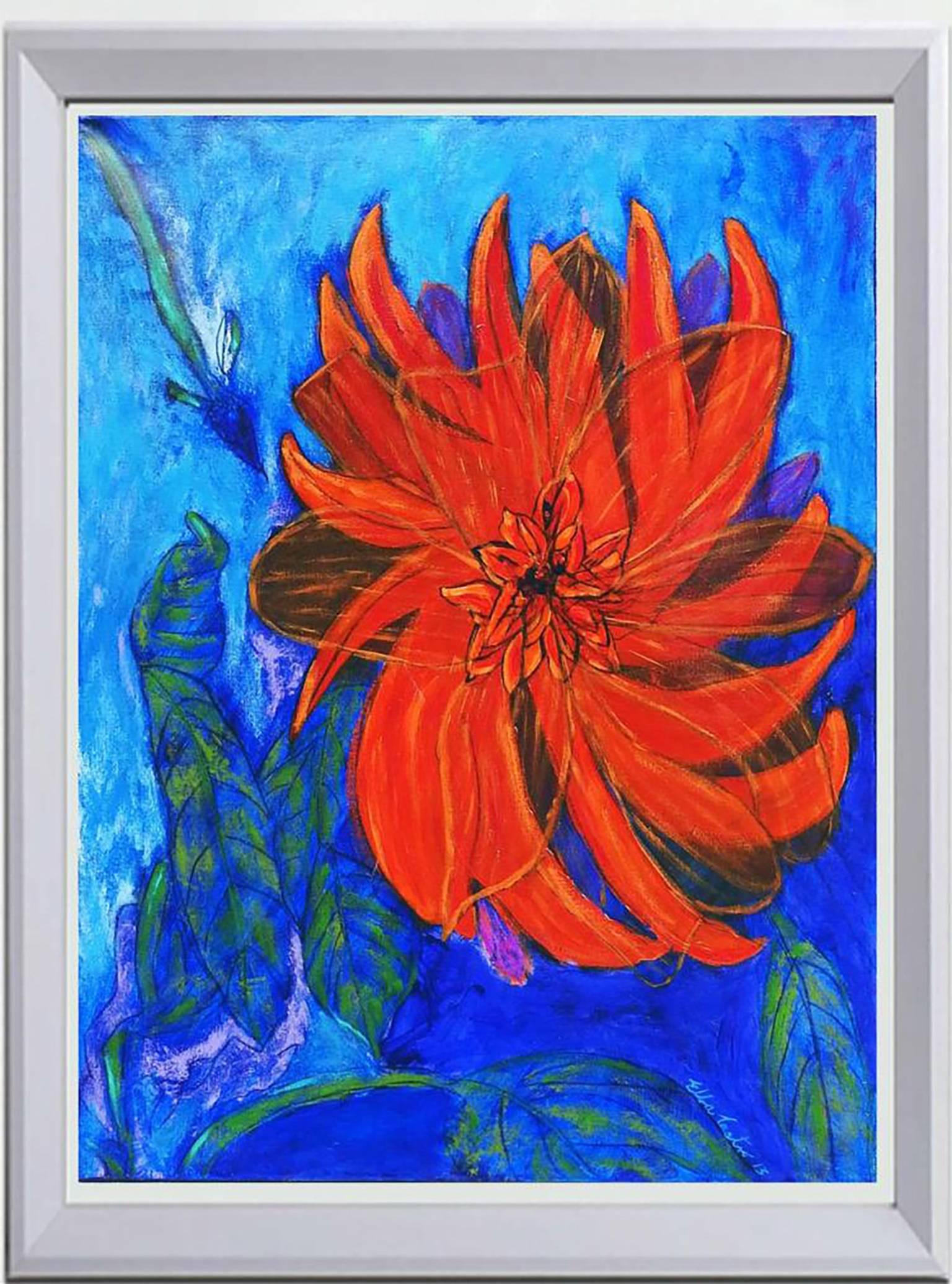 Gorgeous Large Original acrylic on canvas painting by popular Mexican artist Castro Calderon entitled "Dahlia".  Modern Impressionistic depiction of a Dahlia flower,  which is a genus of bushy, tuberous, herbaceous perennial plants native to Mexico.