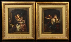 Pair of Antique Oil Paintings – Victorian Romantic Scenes
