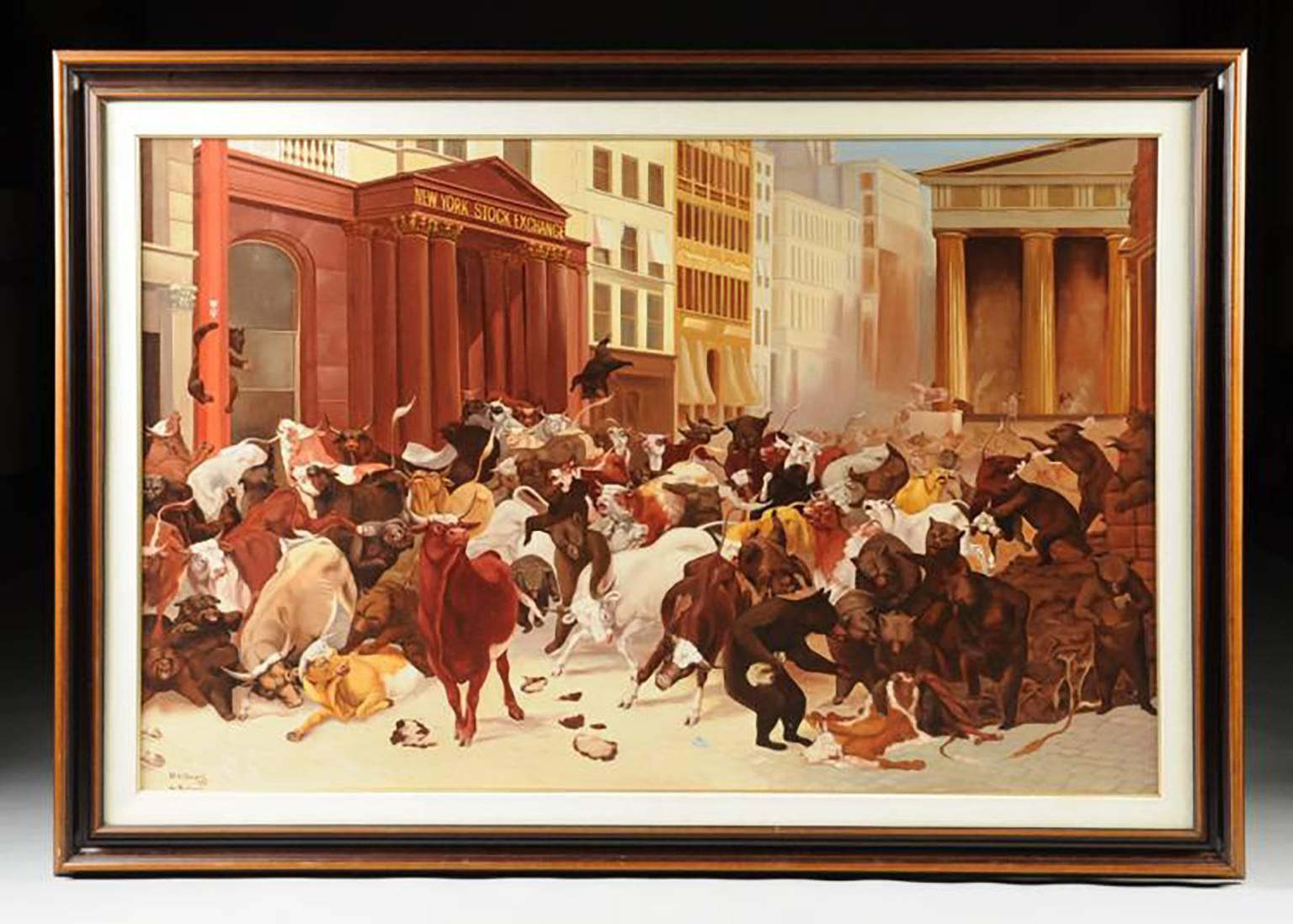 Ron Anderson Animal Painting - Oil Painting After W. H. Beard Entitled “New York Stock Exchange, Bulls & Bears"