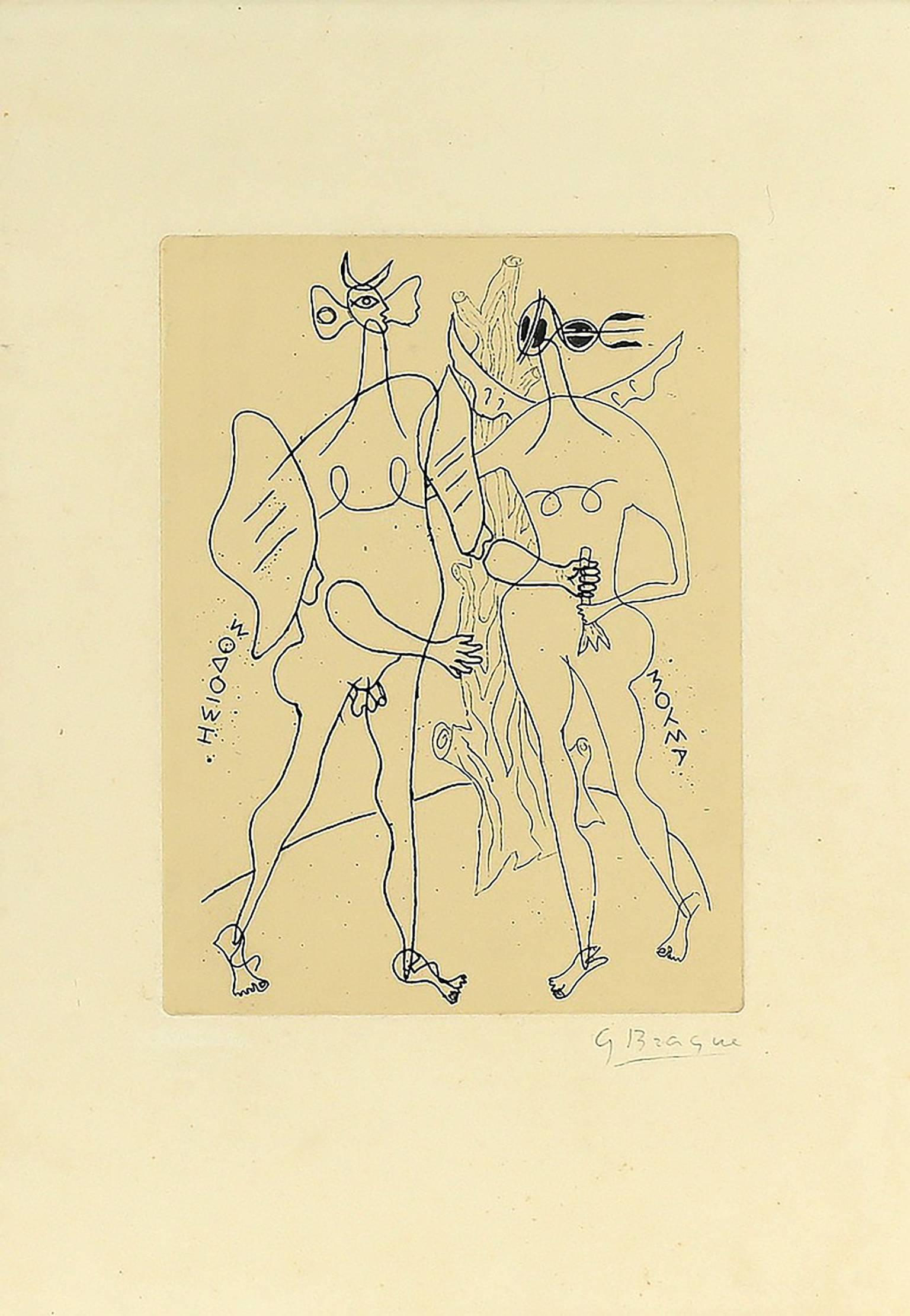 Original Georges Braque (France, 1882 – 1963) etching entitled “Hesiode Theogonie” which is translated “A Plate from the Album”  The print has a full margin and is pencil signed by the artist Braque in the lower right corner  Framed under glass 