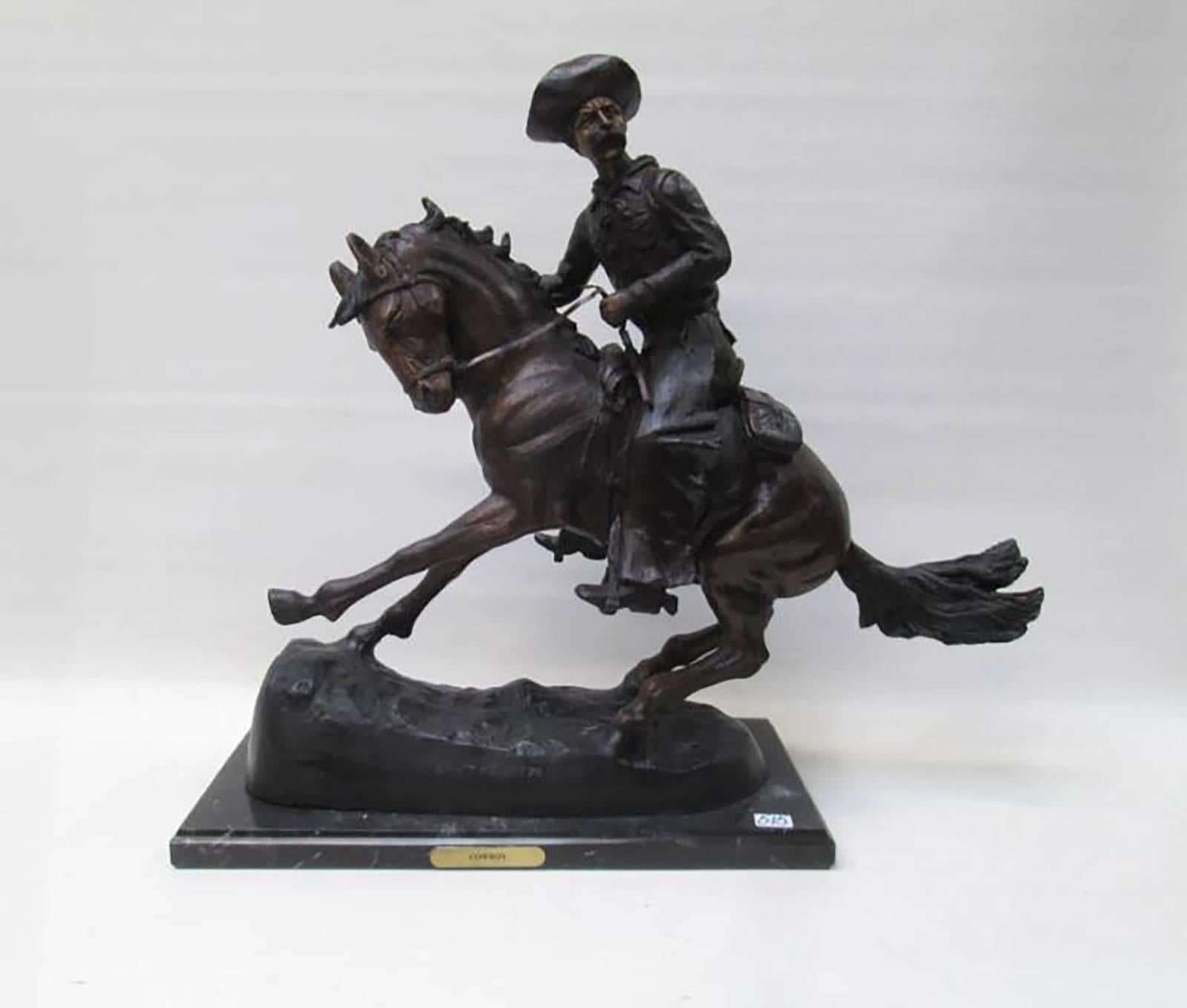 (after) Frederic Remington Figurative Sculpture - Large Bronze Sculpture After Frederic Remington Entitled “The Cowboy”
