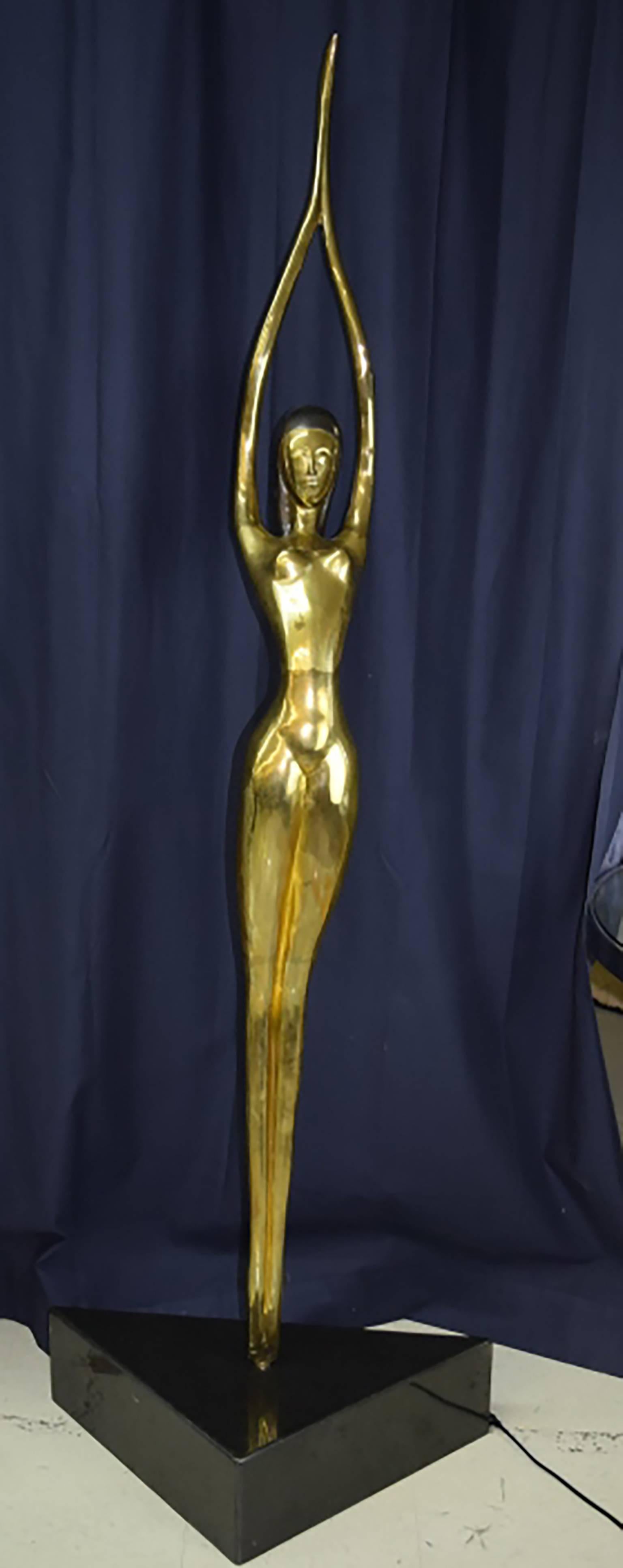 Very Large Modernist Solid Brass Female Nude Sculpture – Over 6 Feet Tall - Art by Unknown