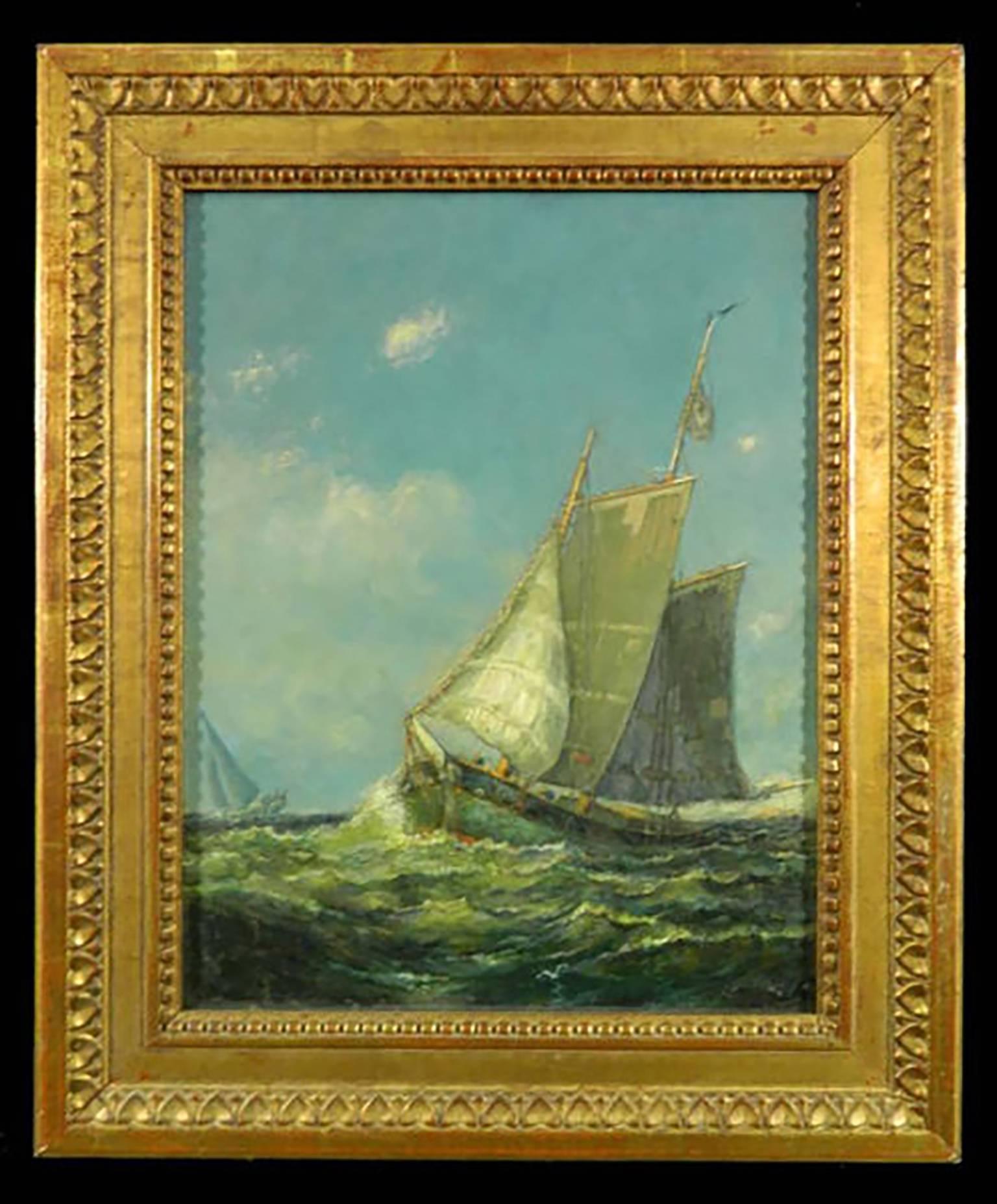 Original 19th Century Oil painting by famed and well listed marine painter Frederick Leo Hunter (1858 – 1943).  Oil on Canvas.  Signed and dated by the Artist in lower right – “F. Leo Hunter, 1900″  The painting depicts a sailboat cutting across the