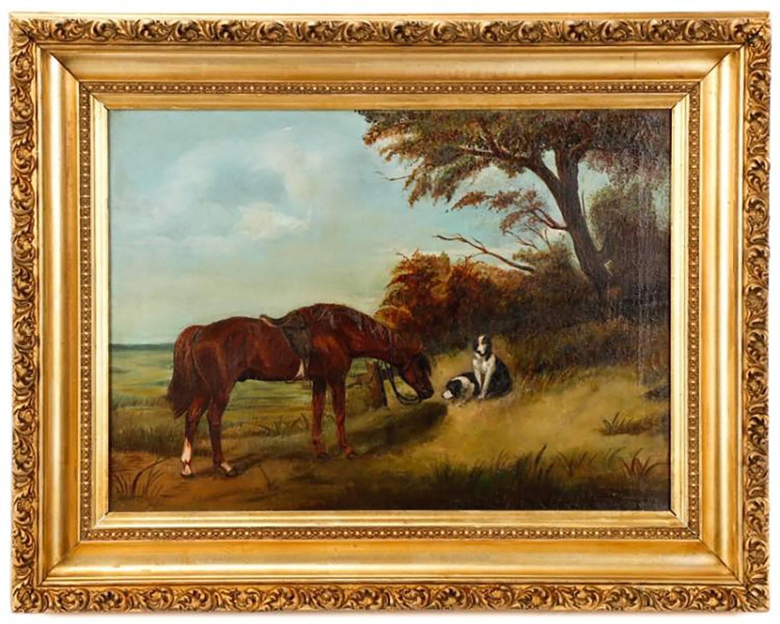 Beautiful Oil Painting by the distinguished British Artist John Frederick Herring Sr. (1795 – 1865)  Oil on Canvas  Titled Horse and Hound at Pasture Housed in a Gorgeous Original Gold Gilt Frame  Dimensions: Framed approximately 32.25″ x 25.25″;
