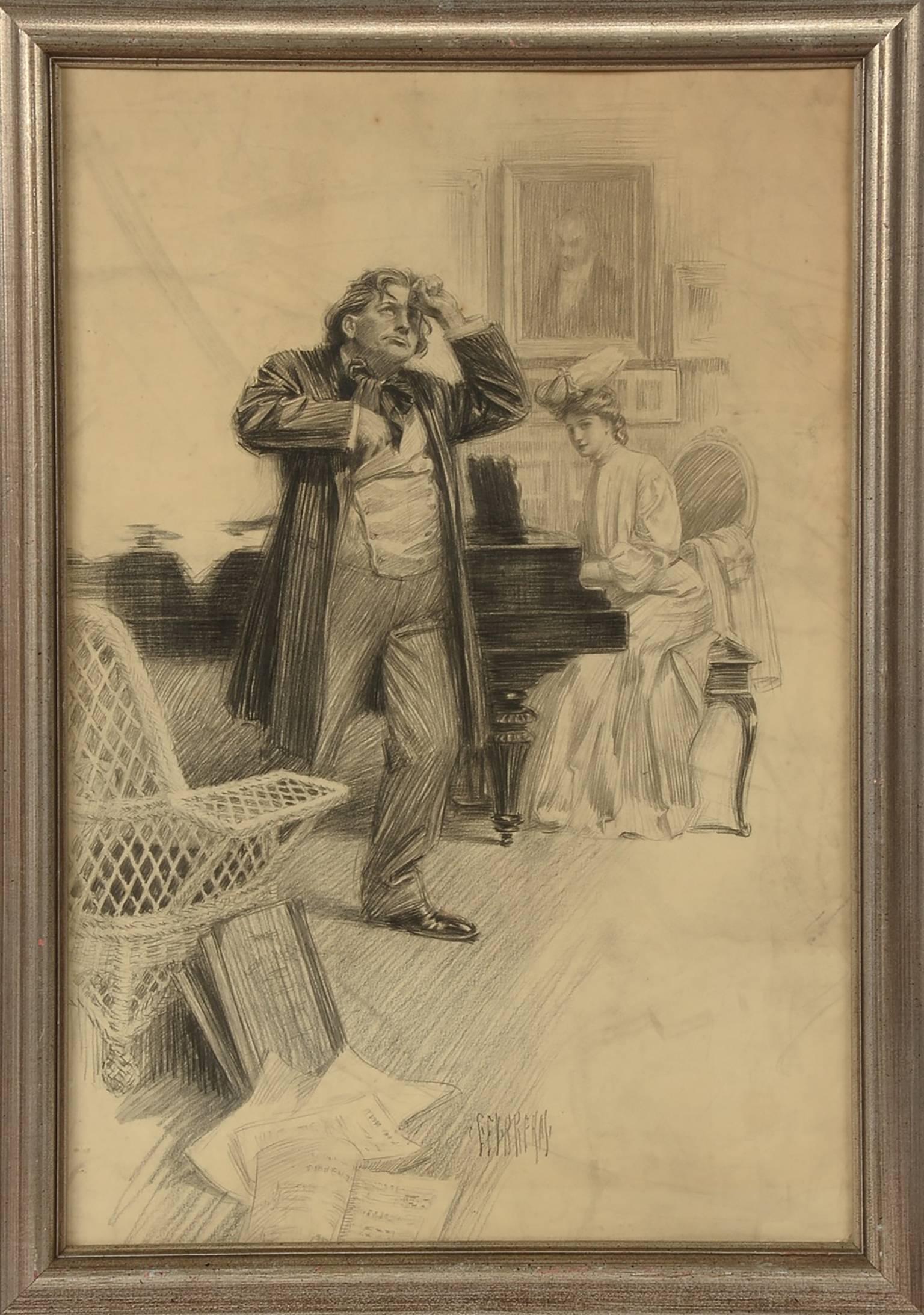 An original antique graphite drawing on ivory woven paper of a Victorian interior scene by famed illustrator and artist George Brehm (1878 – 1966). In the drawing, a woman plays piano as a man walks across the room, apparently in distress. Music is