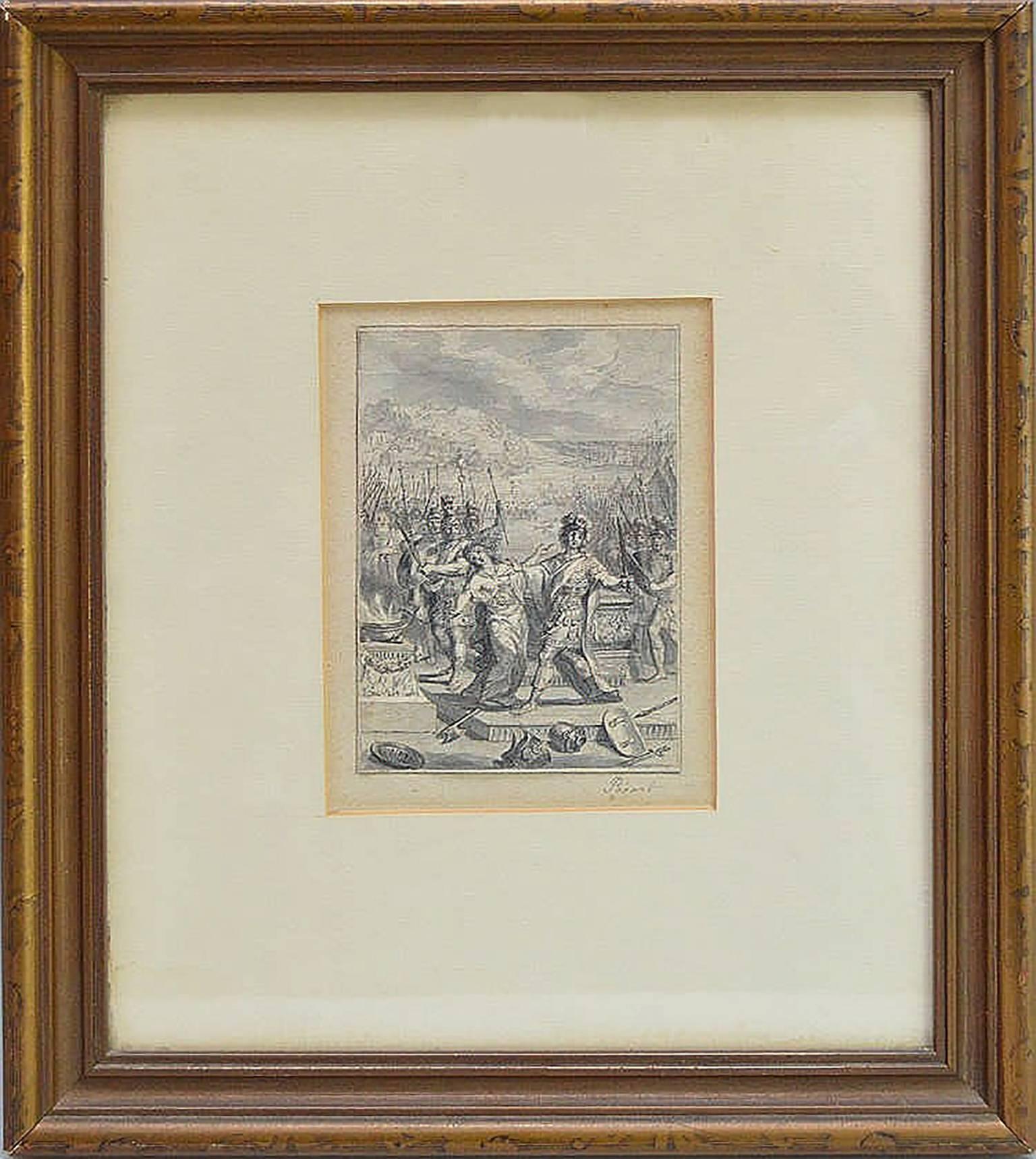 Drawing by French Master Bernard Picart (FRENCH, 1673-1733)  Circa 1720  Old Master Pen & Ink Drawing with Wash on Laid Paper  Hand Signed by Picart in lower left of Image  Dimensions: Image 5″ x 3.5″  Bernard Picart (11 June 1673 – 8 May 1733) was