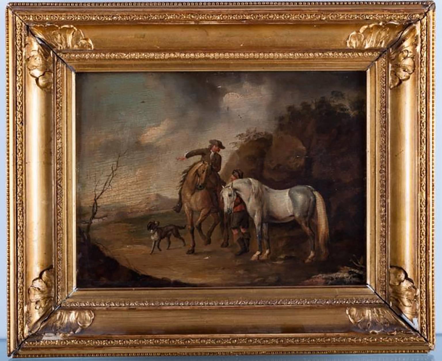 18th Century English Landscape Oil Painting by Acclaimed British Royal Academician Francis Wheatley (1747 – 1801)  Entitled “Horses with Riders”  Oil on Board  Depicts two horses and riders with a dog in a landscape  Housed in period possibly