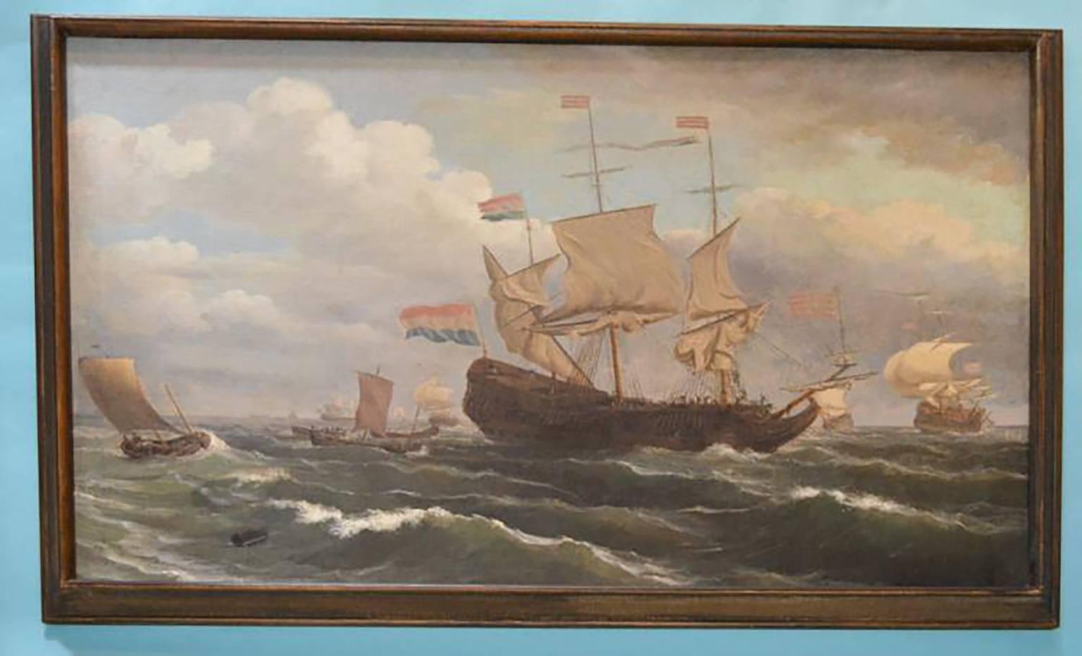 Large Nautical 19th Century Oil Painting by Louis Barnaba (Brussels, France, 1826-1892) Entitled “Nantucket”  Oil on Canvas  Signed by artist in lower right ” R E Nickerson”  Beautiful depiction of the ship Nantucket  Circa 1875  Housed in gold