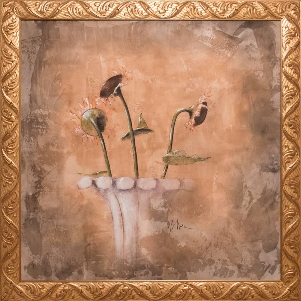 Original Still Life Floral Oil Painting by Vicki Wilber  Wonderful Composition entitled Floral Series Sunflowers  Oil on Canvas  Hand Signed by Artist on Lower Right  Housed in Gold Ornate Carved Wood Frame  Dimensions: Very Large – With Frame 74.5″