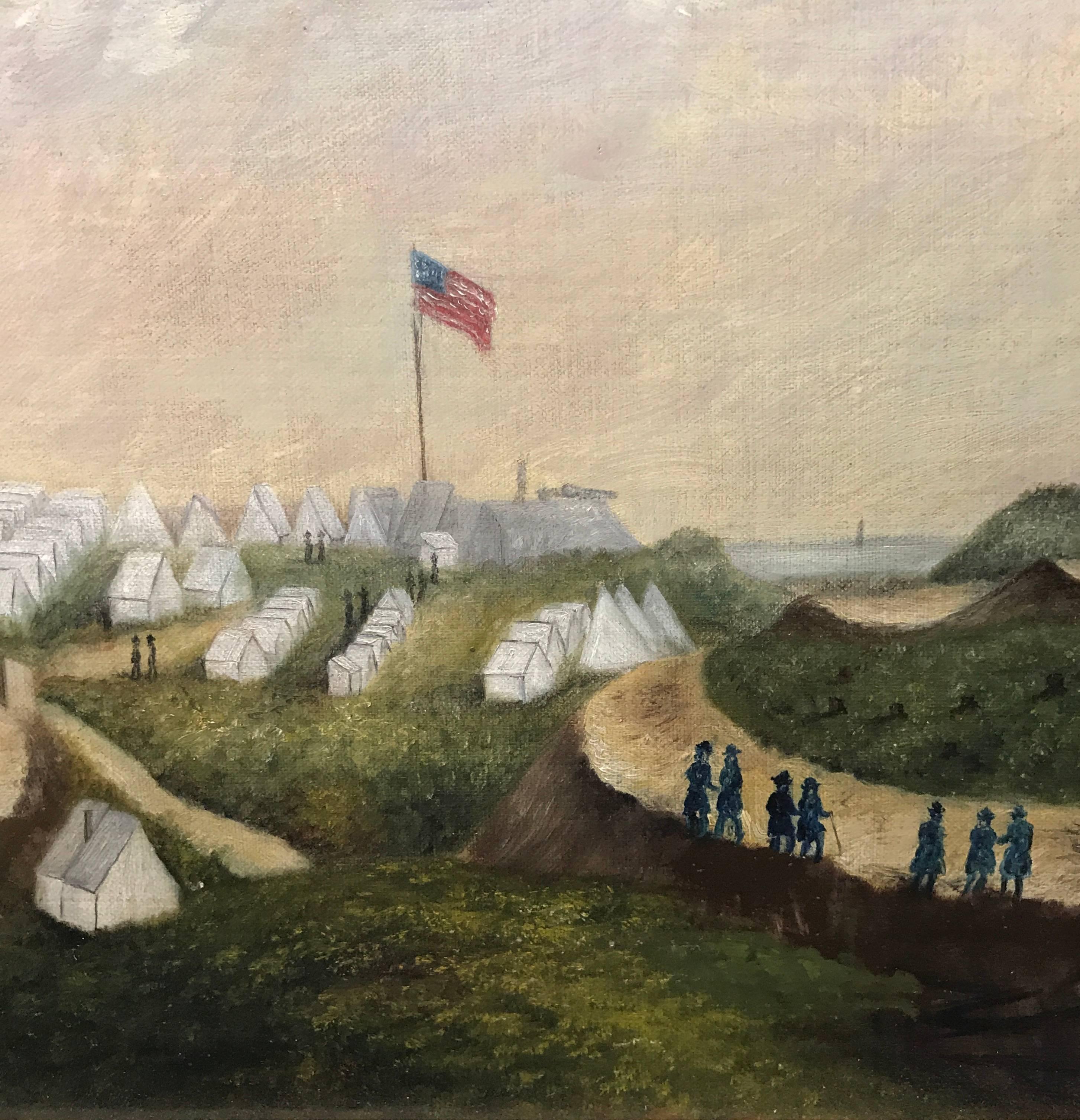 19th century oil painting by famed civil war painter James Hope (Vermont/New York 1818 – 1892)   Oil on Canvas  Painting depicts a panoramic view of a Union encampment on the Potomac River with tents, soldiers, flags, gun emplacements, etc.  
