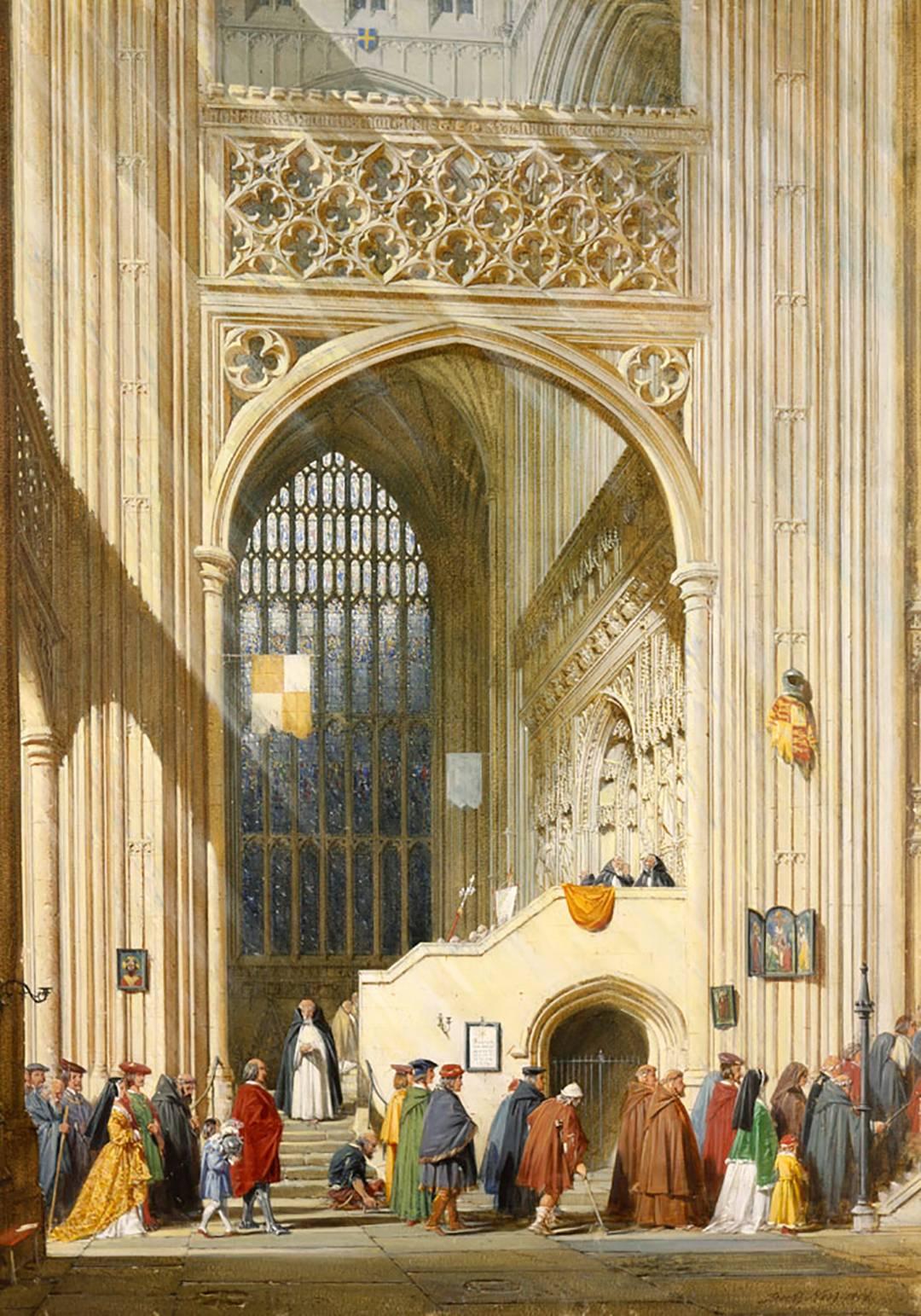 Impressive Large Antique Watercolor Painting by renowned very well listed English artist Joseph Nash (English, 1808-1878), Entitled “Pilgrims, Canterbury Cathedral”  Watercolor on Paper  Painting is signed and dated “1858” by the artist in lower