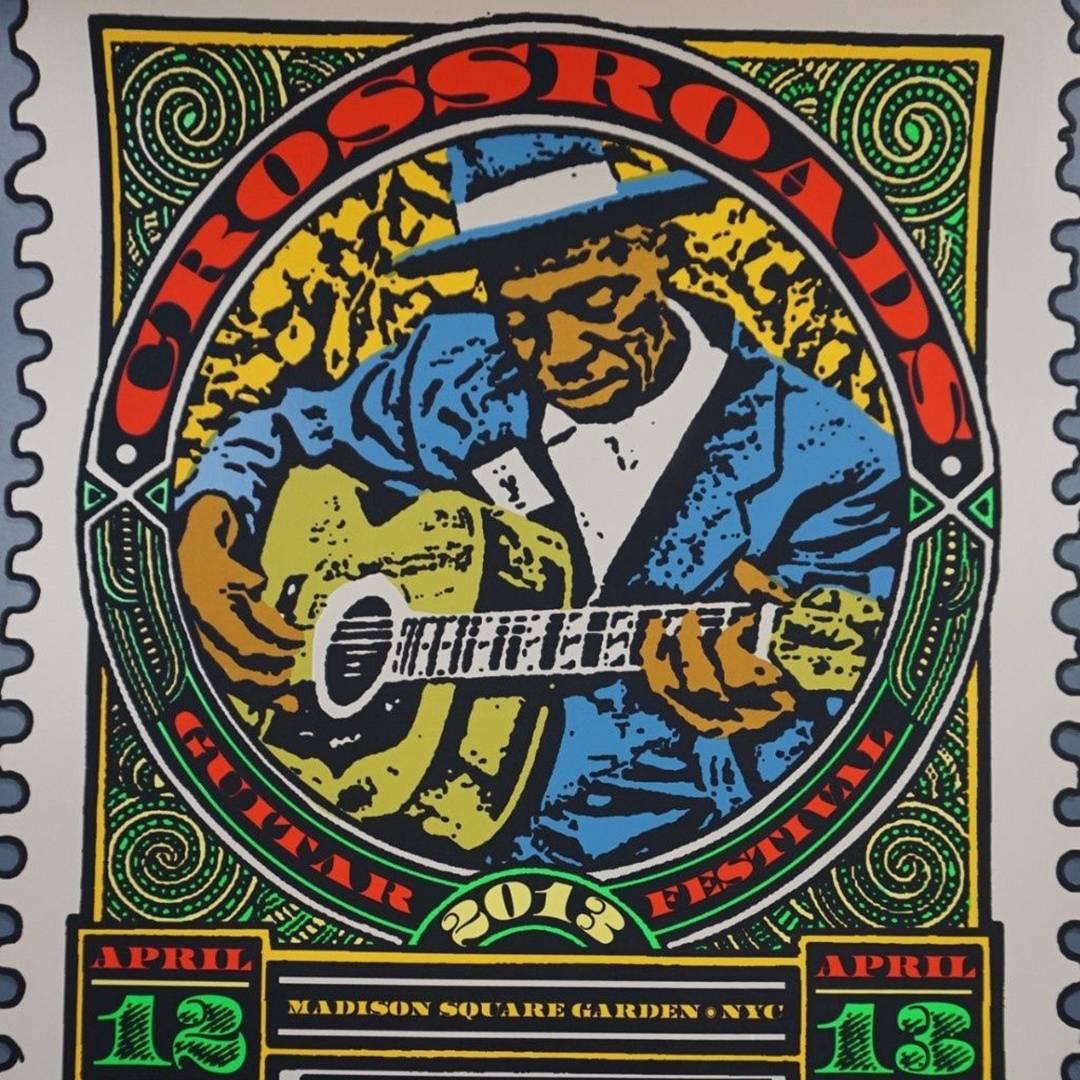 Very rare original limited edition concert poster  Crossroads Guitar Festival  1st edition hand numbered x/600  Plate Signed  Artists Ron Donovan and Chuck Sperry  2013  Measures 24″ x 35″  Excellent Mint Condition.

Title: Crossroads Guitar