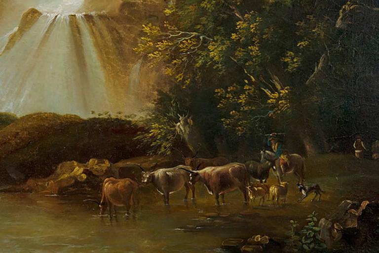 Amazing Renaissance Stye Oil Painting in the Manner of James de Loutherbourg (French, 1740-1812)  Oil on Canvas  Depicting travelers and their horses encountering a picturesque waterfall beyond a mountain pass, along with a group of women and