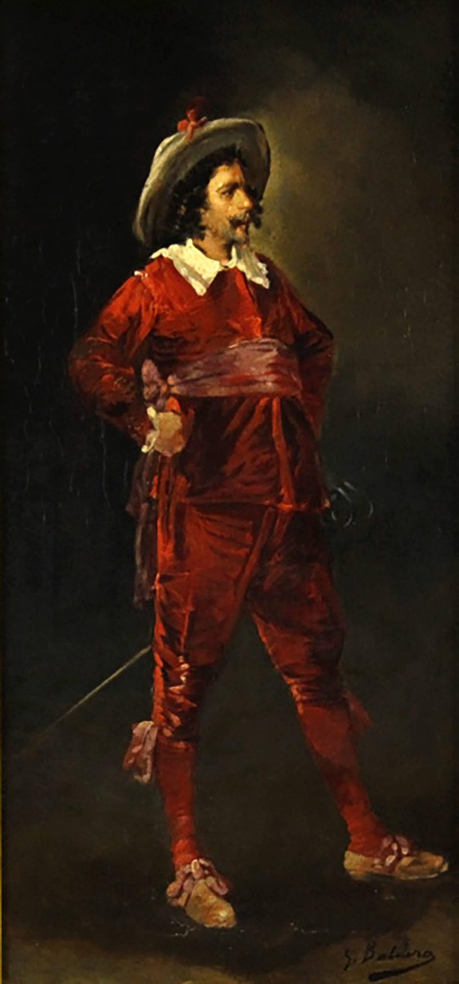 Wonderful Antique oil painting by Luigi Giorgio Baldero (Italy, 19th Century)   Painting is a portrait of a French Cavalier in Fine Scarlet Uniformed Attire  Baldero’s unique painting style and attention to detail make this a wonderful genre