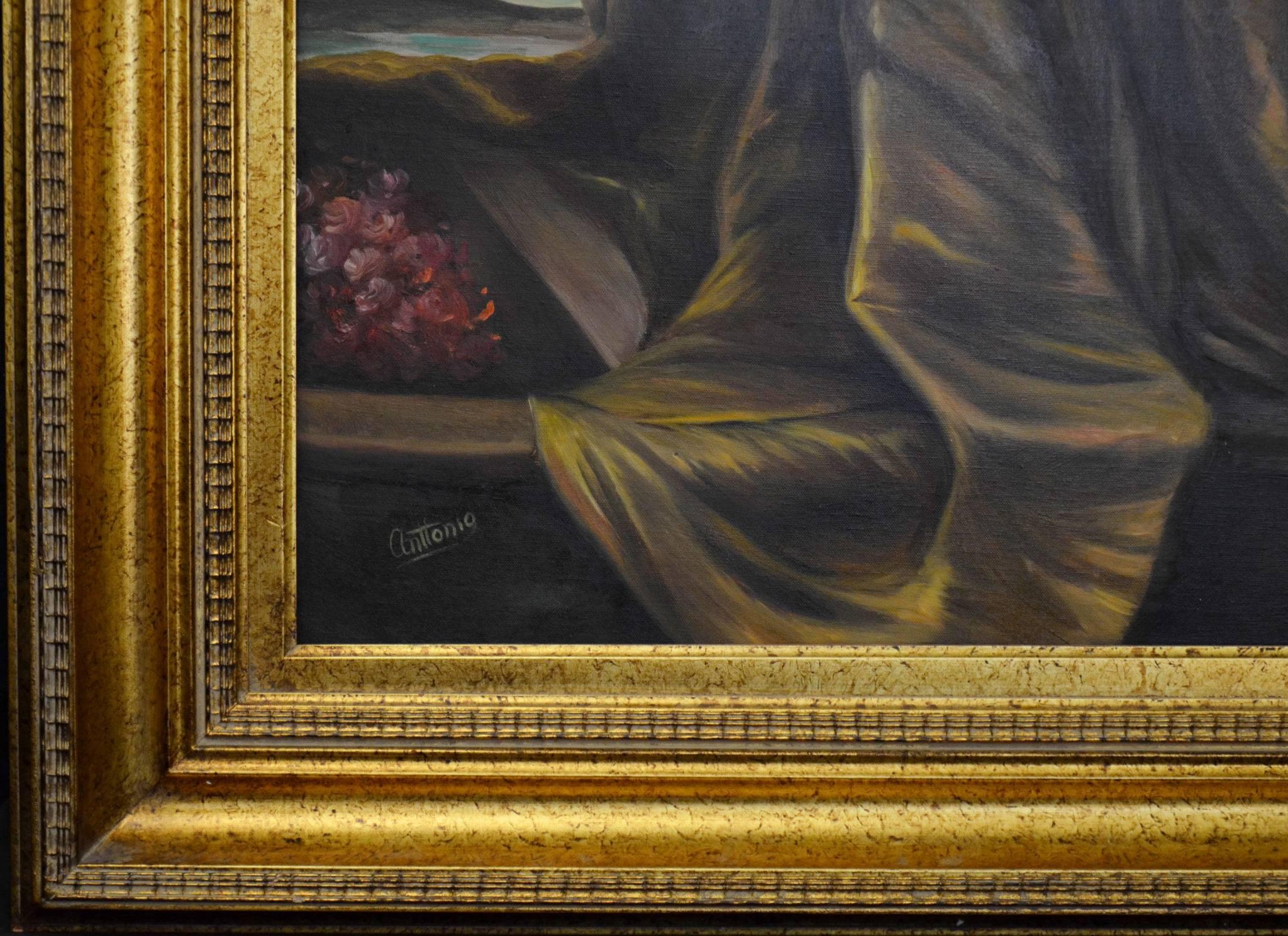 Beautiful Old Master Style Oil Painting After Sir Lawrence Alma-Tadema (1836 – 1912)  Entitled “Anthony and Cleopatra”  Oil on Canvas  Hand Signed by Artist  Housed in a large gold gilt wooden frame (4.75″ wide)  Dimensions:  approx. 57″  W x 45″ H 