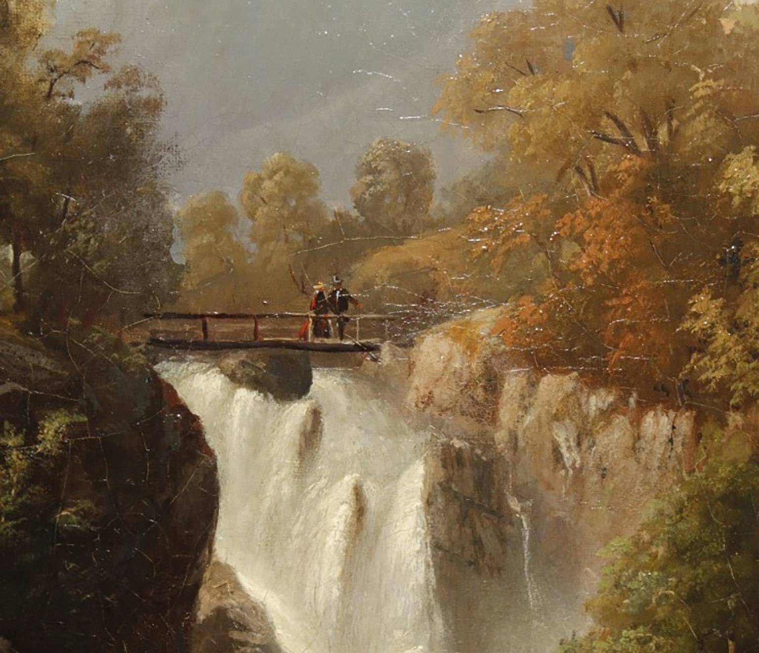 Remarkable Antique oil painting by famed and well listed Swiss landscape artist Franz Adolf Christian Muller (1841-1903)  Oil on Canvas  Swiss Mountain Landscape with Waterfalls in the Summertime  Beautiful composition with mill house, bridge and
