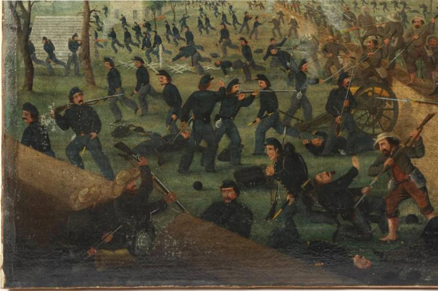 Amazing Civil War Oil Painting attributed to important Civil War Artist Edward Arnold (Louisiana, 1822 – 1866)  Painted During the Civil War  Oil on Canvas  Depicts a Civil War Battle Scene  Signed and dated in the lower left quadrant by the artist 