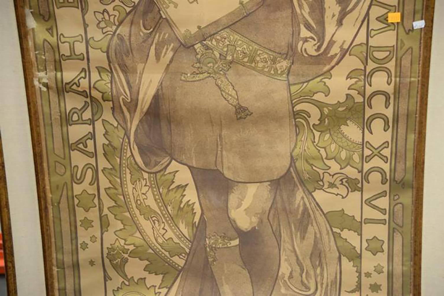 Magnificent 19th Century Theater Poster by Acclaimed Artist Alphonse Mucha (1860-1939)  Two Piece Large Engraved Lithograph in Color  Entitled Sarah Bernhardt Anno Domini MDCCCXCVI Theatre De La Renaissance  It is an original Art nouveau poster