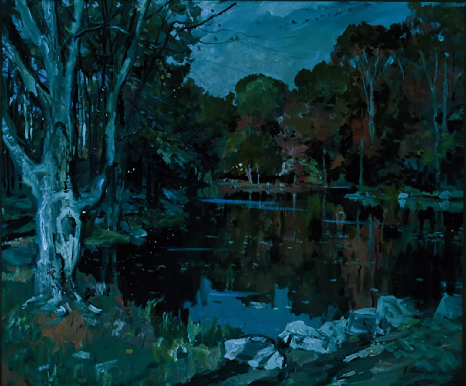 George Cherepov (American, 1909-1987) oil on canvas impressionist style autumn landscape painting, depicting a lake surrounded by trees with changing leaves  Painting is Signed lower right “G Cherepov”  Circa 1940s  Housed in a Giltwood and molded