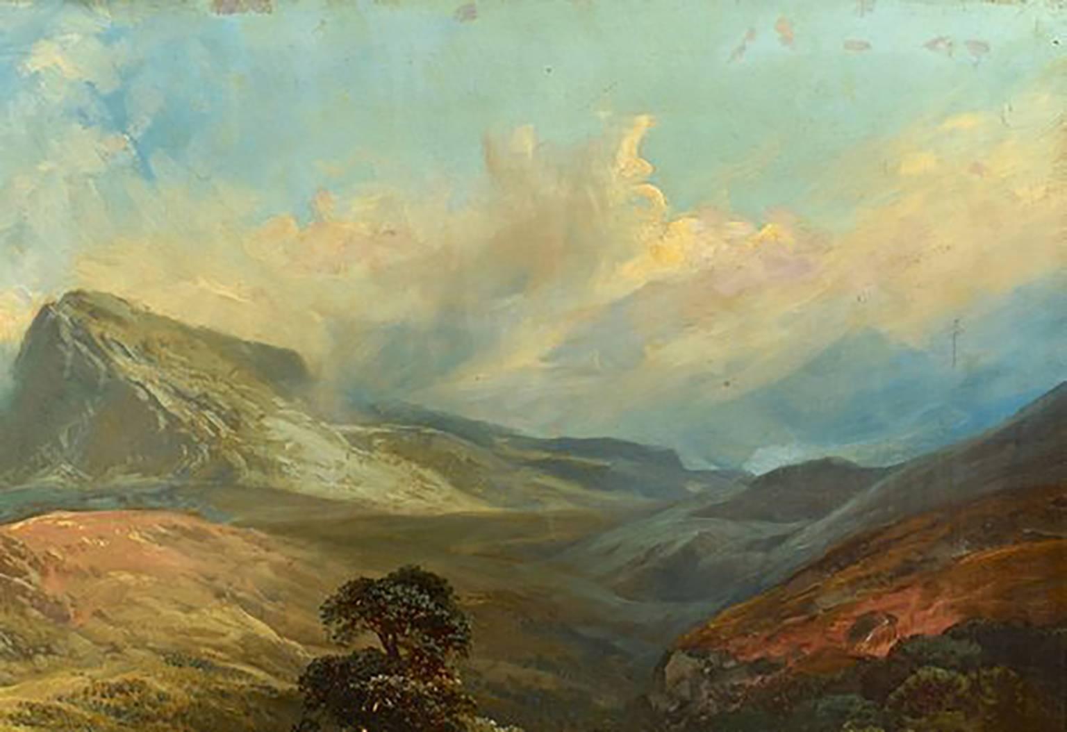 A truly amazing 19th Century landscape painting by renowned British landscape painter Clarence Roe (United Kingdom, 1850-1909). Is a very large oil on canvas landscape with lake scene and mountain range in background.  Signed lower left, CLARENCE