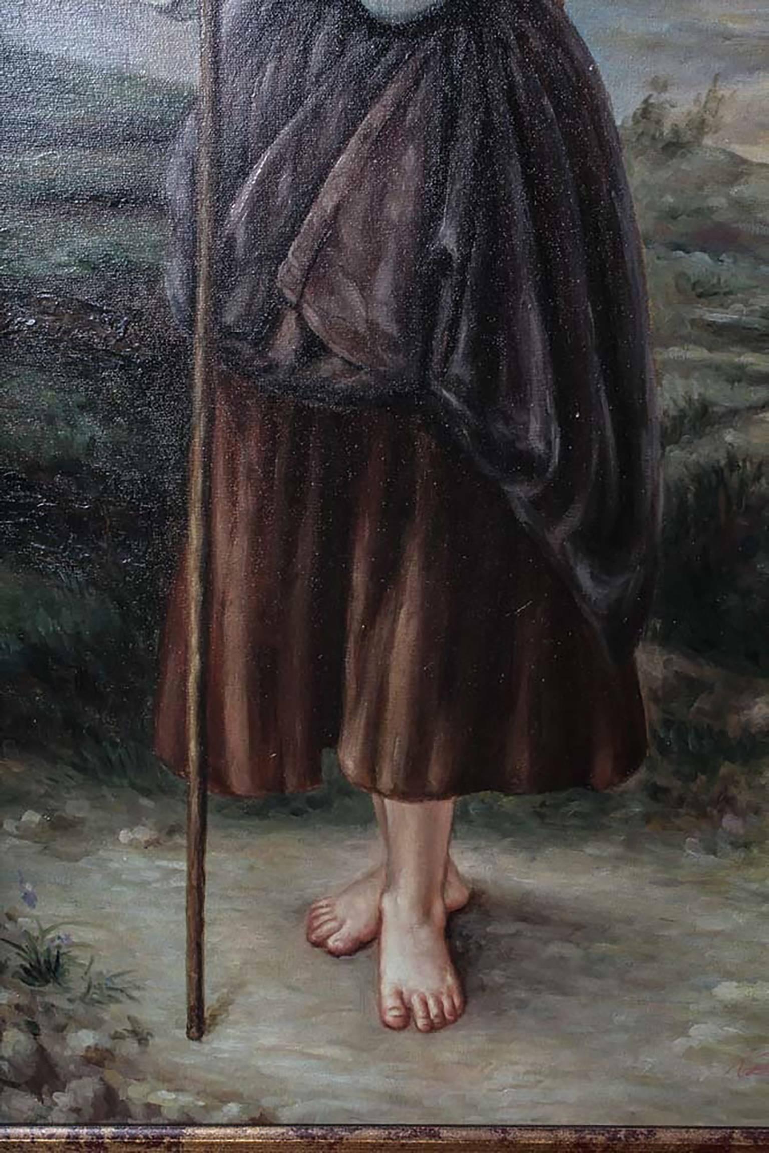 Exceptional original oil painting in the manner of William-Adolphe Bouguereau  Hand signed by the artist  The painting depicts a barefooted shepherd girl standing in a field  The Oil Painting is housed in a gorgeous custom antiqued gold Regency