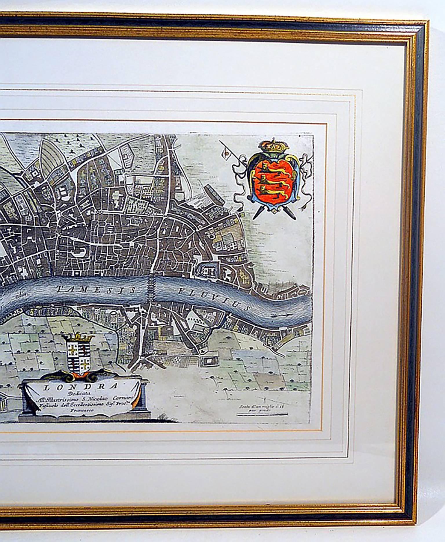 Amazing Beautiful Original Hand-Colored Engraved Map of London, England  Very Scarce Map Created in 1685 during the reign of James II  Map Engraved by Vincenzo Maria Coronelli in Venice, Italy circa 1685  Map is Entitled “Londra Dedicata