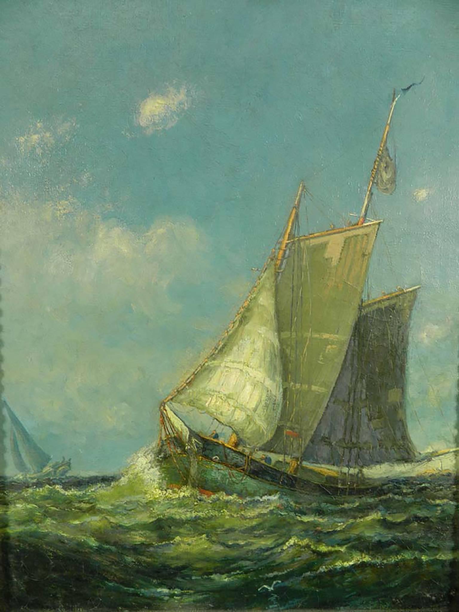 Antique Marine Oil Painting by Frederick Leo Hunter 1