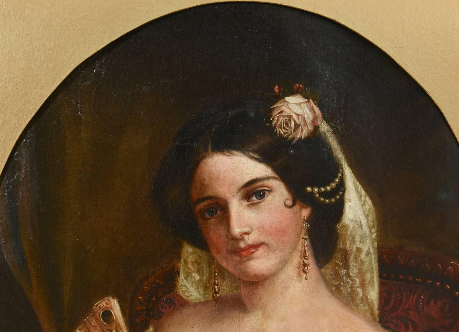 Beautiful Historic Oil Painting by Famous 19th Century listed Tennessee artist George Dury (1817-1894)  Oil on Canvas Painting depicts portrait of a dark haired lady holding a fan; The subject is identified in published literature as Pauline Giers,
