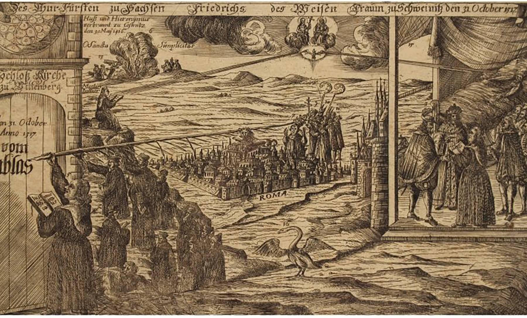 Woodcut Engraving of Elector Frederick the Wise of Saxony’s Dream in 1517 - Brown Figurative Print by Unknown