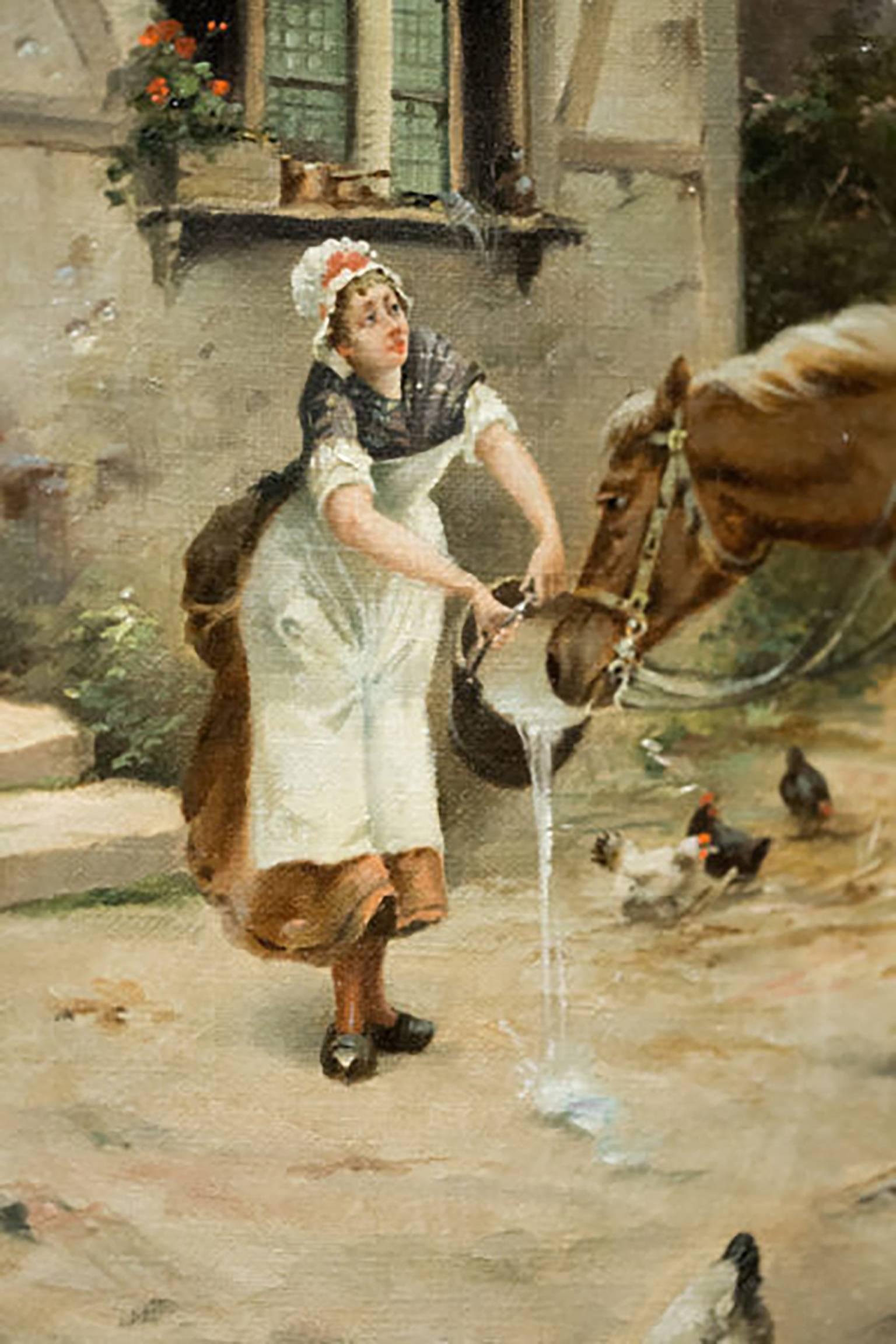 Wonderful 19th century genre oil painting by well listed and important French artist Picardet  Painting depicts a maiden watering a horse  Titled: A Maiden Watering a Horse  Painting is signed by artist  Dimensions: 23.5″h x 15″w, overall size