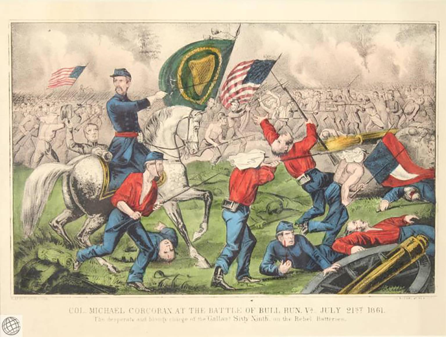 Extraordinary Antique Currier & Ives Hand Colored Civil War Lithograph  Entitled “Col. Michael Corcoran at the Battle of Bull Run, Va. – July 21st 1861 : The desperate and bloody charge of the ‘Gallant Sixty-Ninth,’ on the Rebel Batteries”  This is
