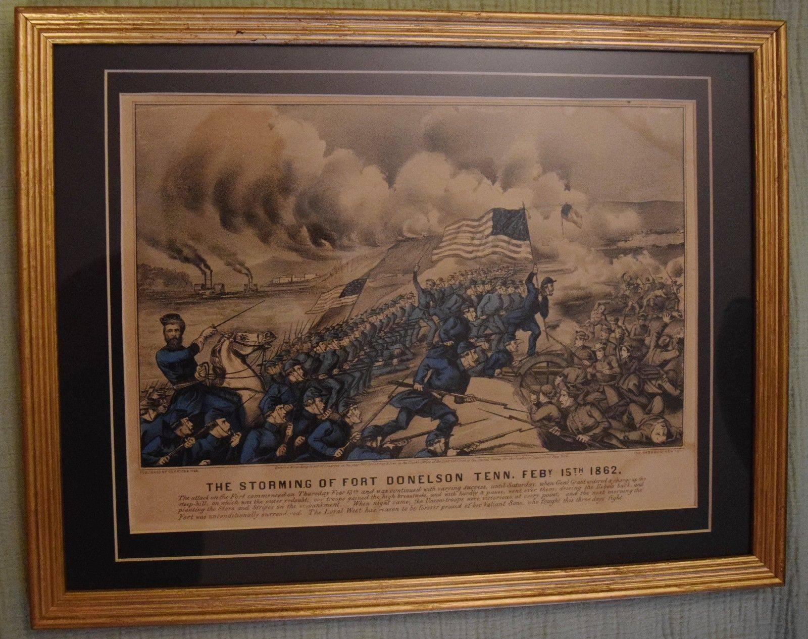 Original Civil War Currier & Ives Handkolorierte Lithographie „The Storming of Fort“ 5