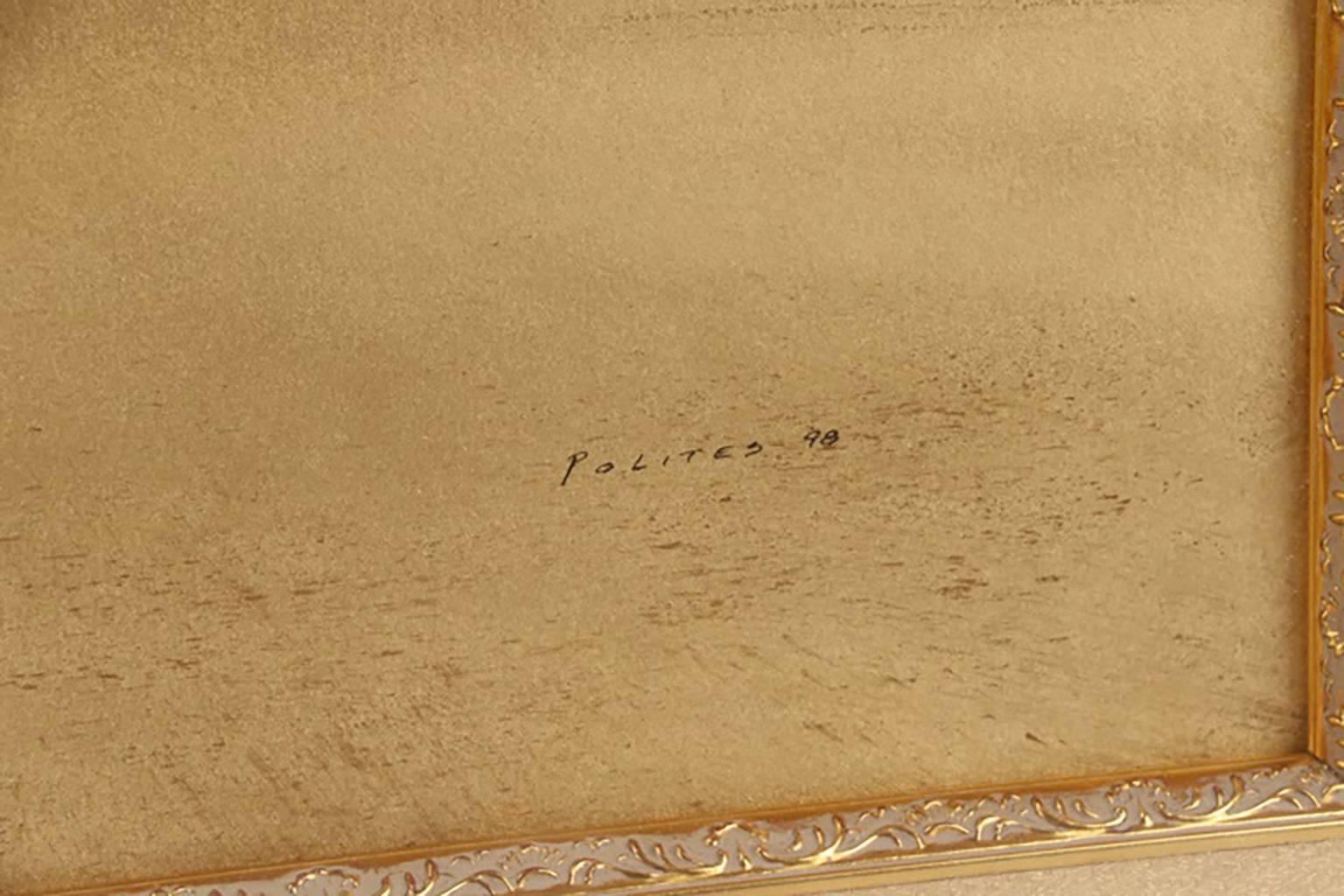 Large Peter Polites (American (active Atlanta), 20th / 21st century)” Mixed Media Painting titled “Golden Beach”  Circa. 1998  Mixed media on paper  Signed and dated by the artist on the lower right “P. Polites 98″  Figural landscape painting