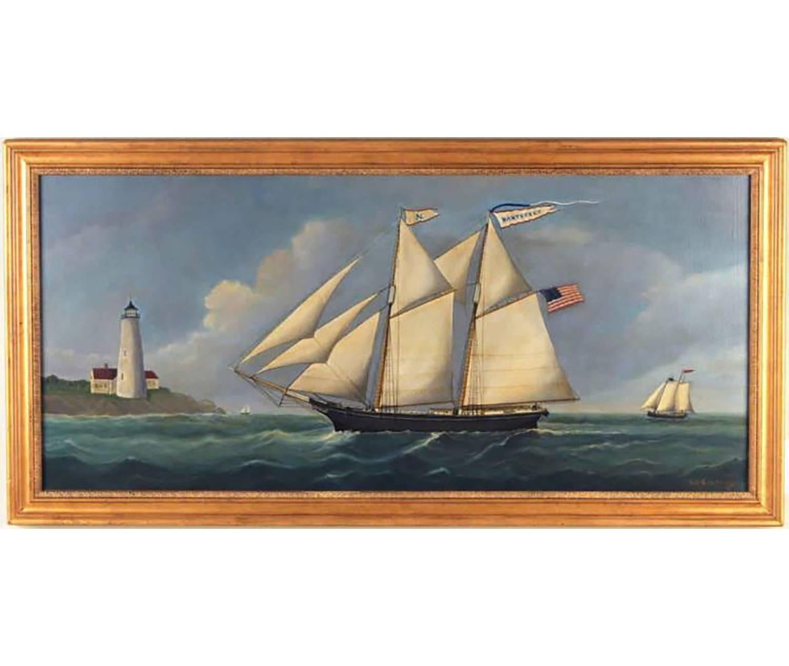 Nautical Oil Painting by Reginald E. Nickerson (American, 1915-1999) Entitled “Nantucket”  Oil on Canvas  Signed by artist in lower right ” R E Nickerson”  Beautiful depiction of the ship Nantucket  A marine artist and ship painter, Nickerson